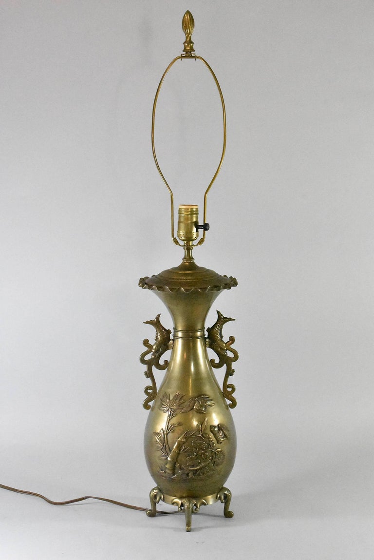 Brass Asian Style Table Lamp with Birds, Dragons and Bamboo Detail For