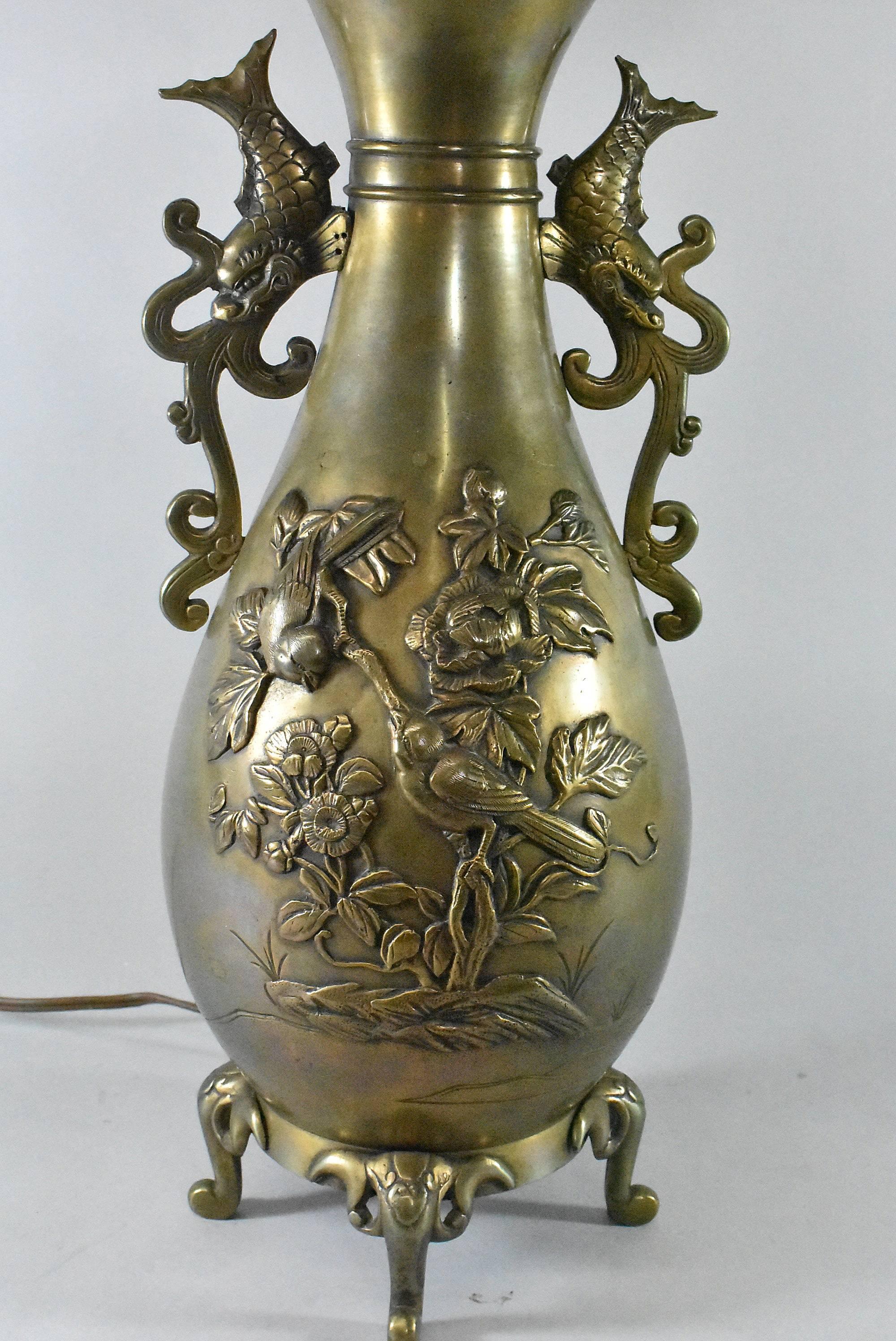 Chinese Export Brass Asian Style Table Lamp with Birds, Dragons and Bamboo Detail For Sale