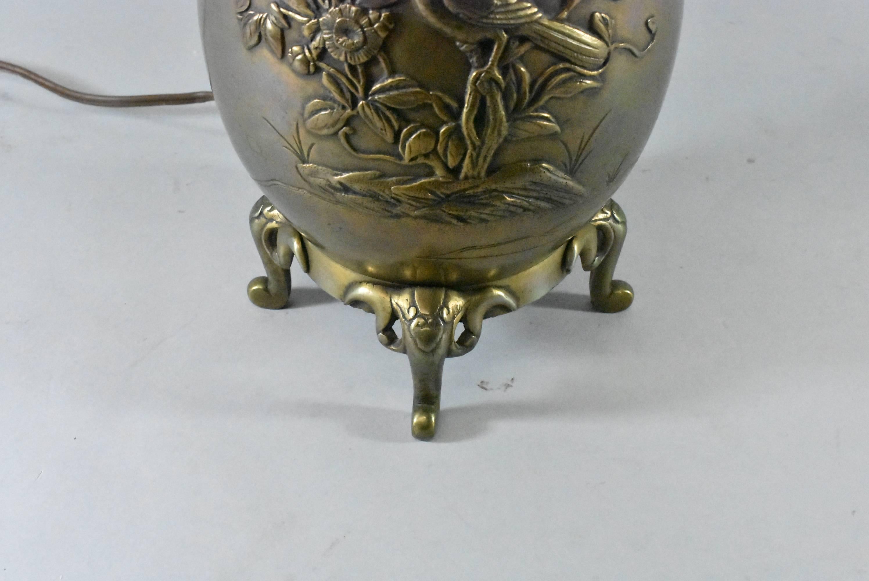20th Century Brass Asian Style Table Lamp with Birds, Dragons and Bamboo Detail For Sale
