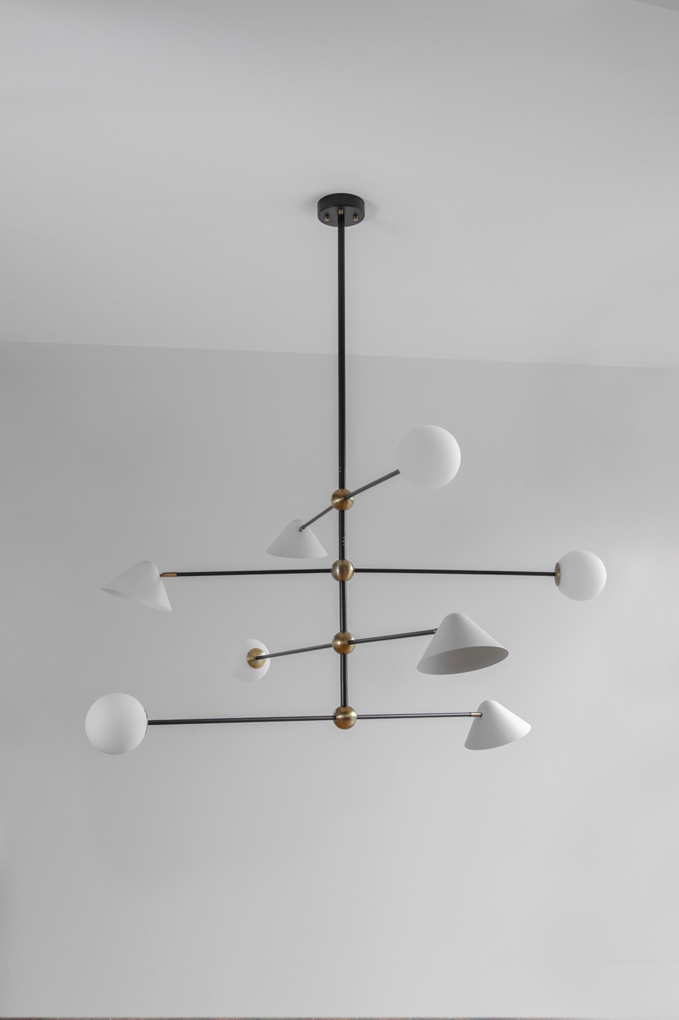 Brass Ball and Shade Pendant Light by Square in Circle
Dimensions: W 160 x H 147 x D 160 cm
Materials: Black painted metal, white painted metal shade, antique brushed brass, white frosted glass

This modern pendant light can be customized to