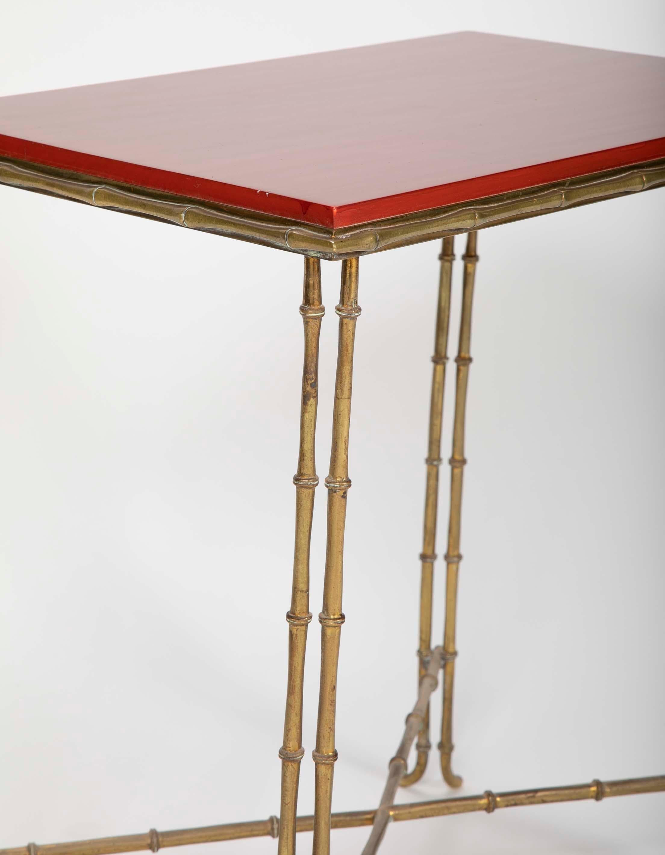French Brass Bamboo Form Cocktail Table by Bagues with Red Lacquered Wood Top