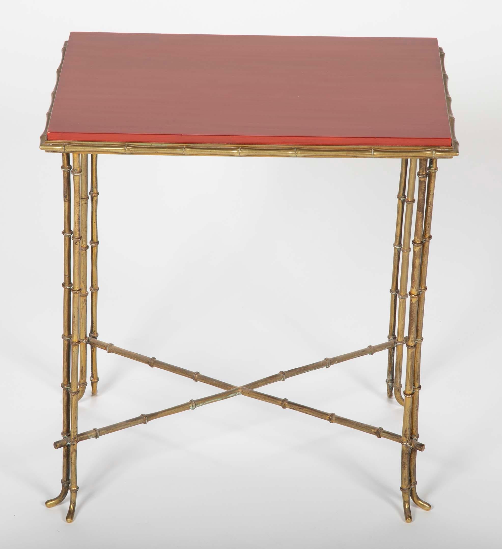 Brass Bamboo Form Cocktail Table by Bagues with Red Lacquered Wood Top In Good Condition In Stamford, CT