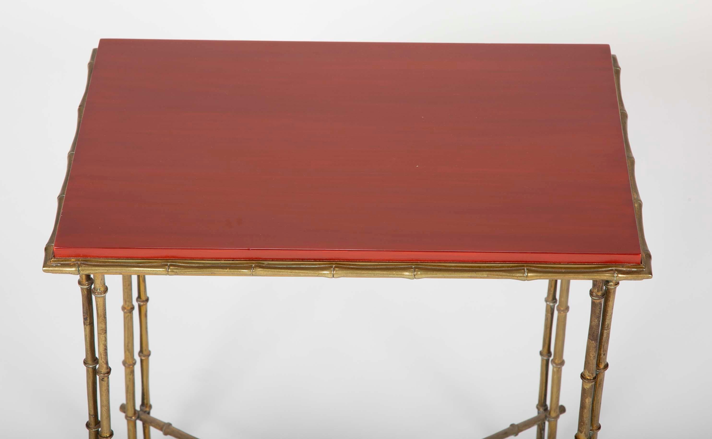 Mid-20th Century Brass Bamboo Form Cocktail Table by Bagues with Red Lacquered Wood Top