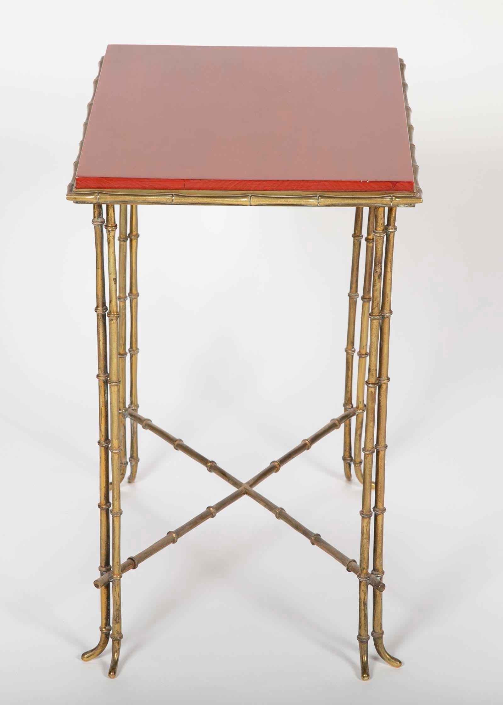 Brass Bamboo Form Cocktail Table by Bagues with Red Lacquered Wood Top 1