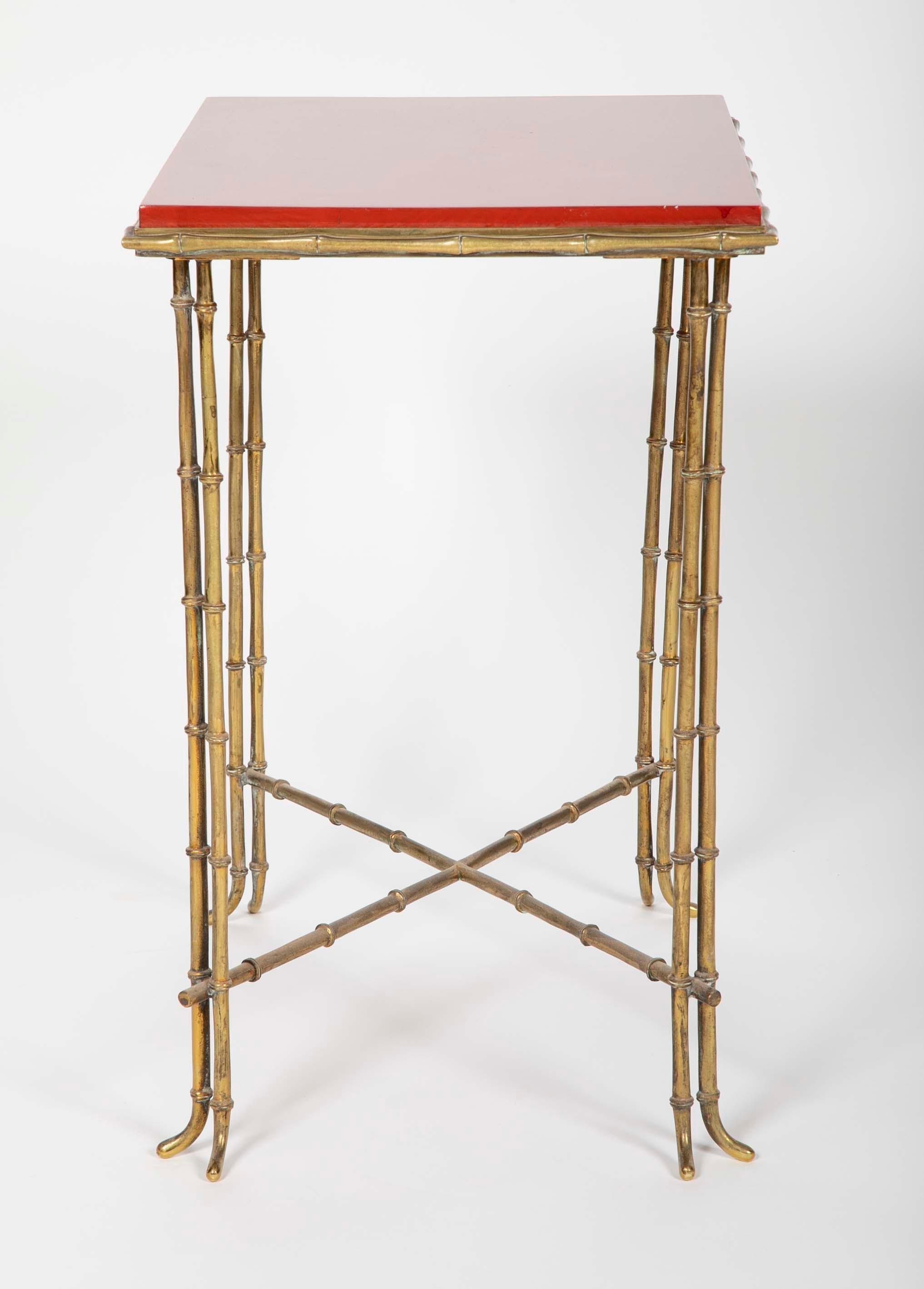 Brass Bamboo Form Cocktail Table by Bagues with Red Lacquered Wood Top 2