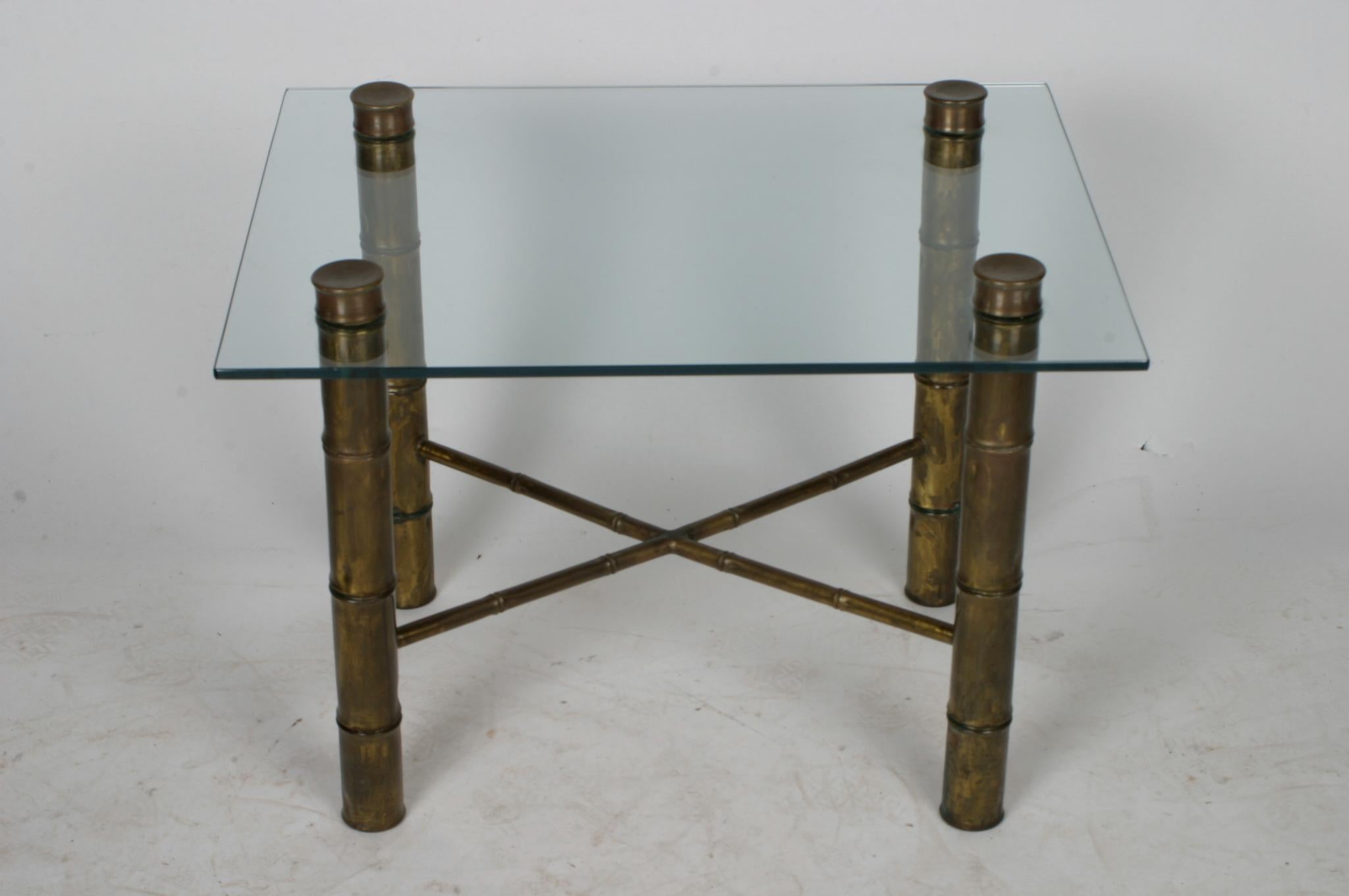 American Brass Bamboo Hollywood Regency Occasional Table with Glass Top For Sale