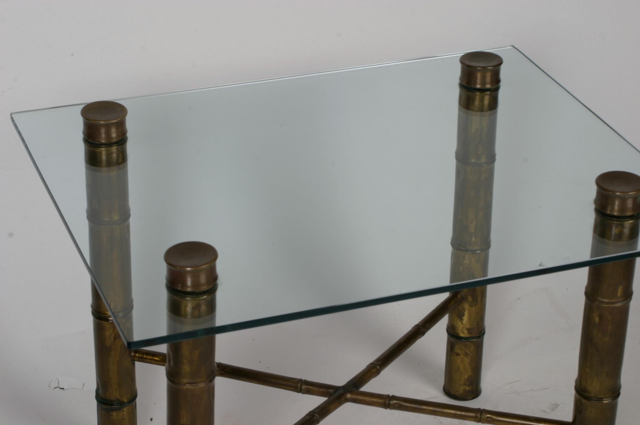 Brass Bamboo Hollywood Regency Occasional Table with Glass Top In Good Condition For Sale In St. Louis, MO