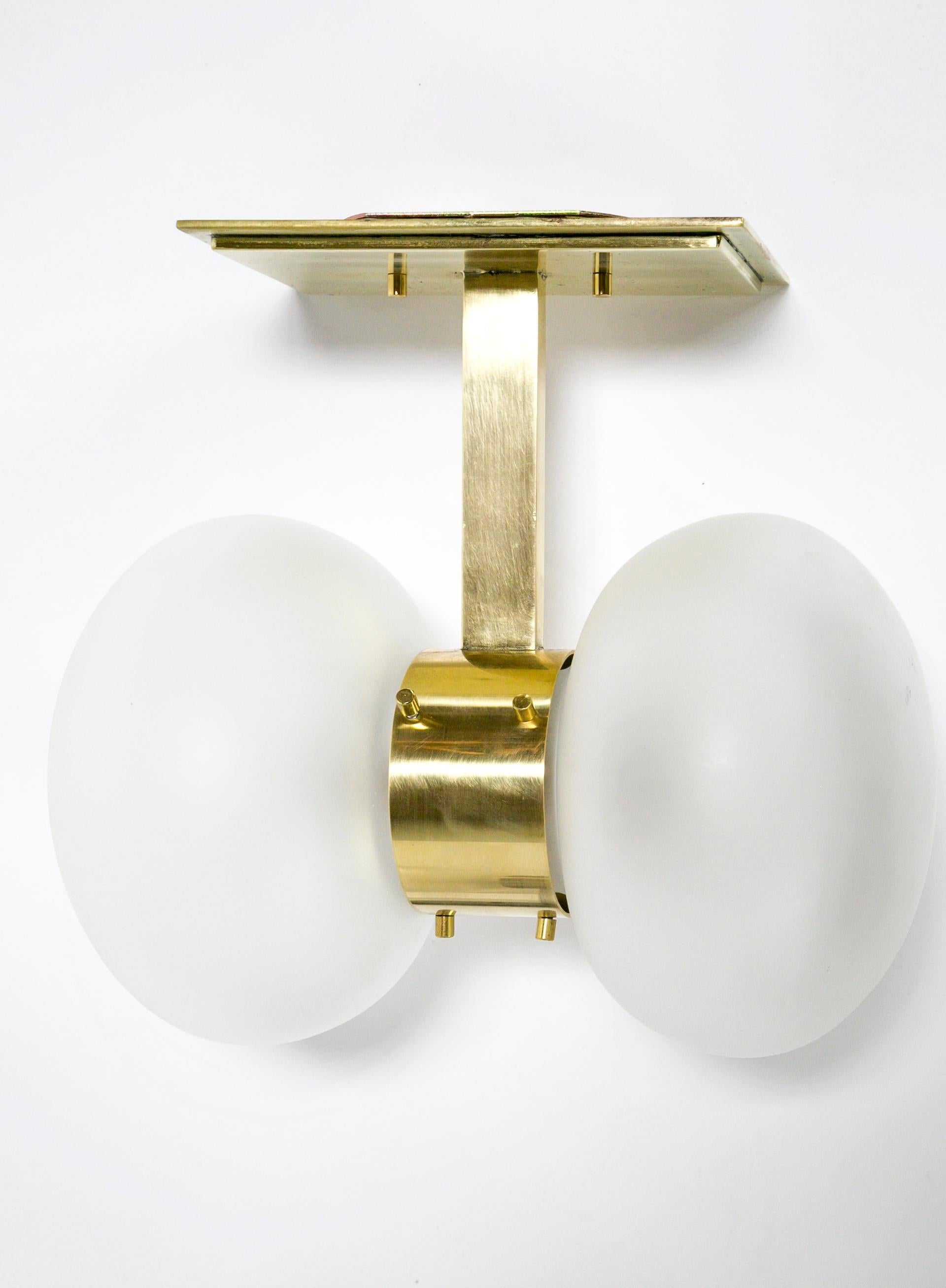 Brass Banded Frosted Glass Sconce In New Condition In San Francisco, CA