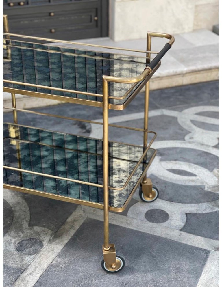 Brass Bar Cart with Aged Mirror and Leather For Sale at 1stDibs brass