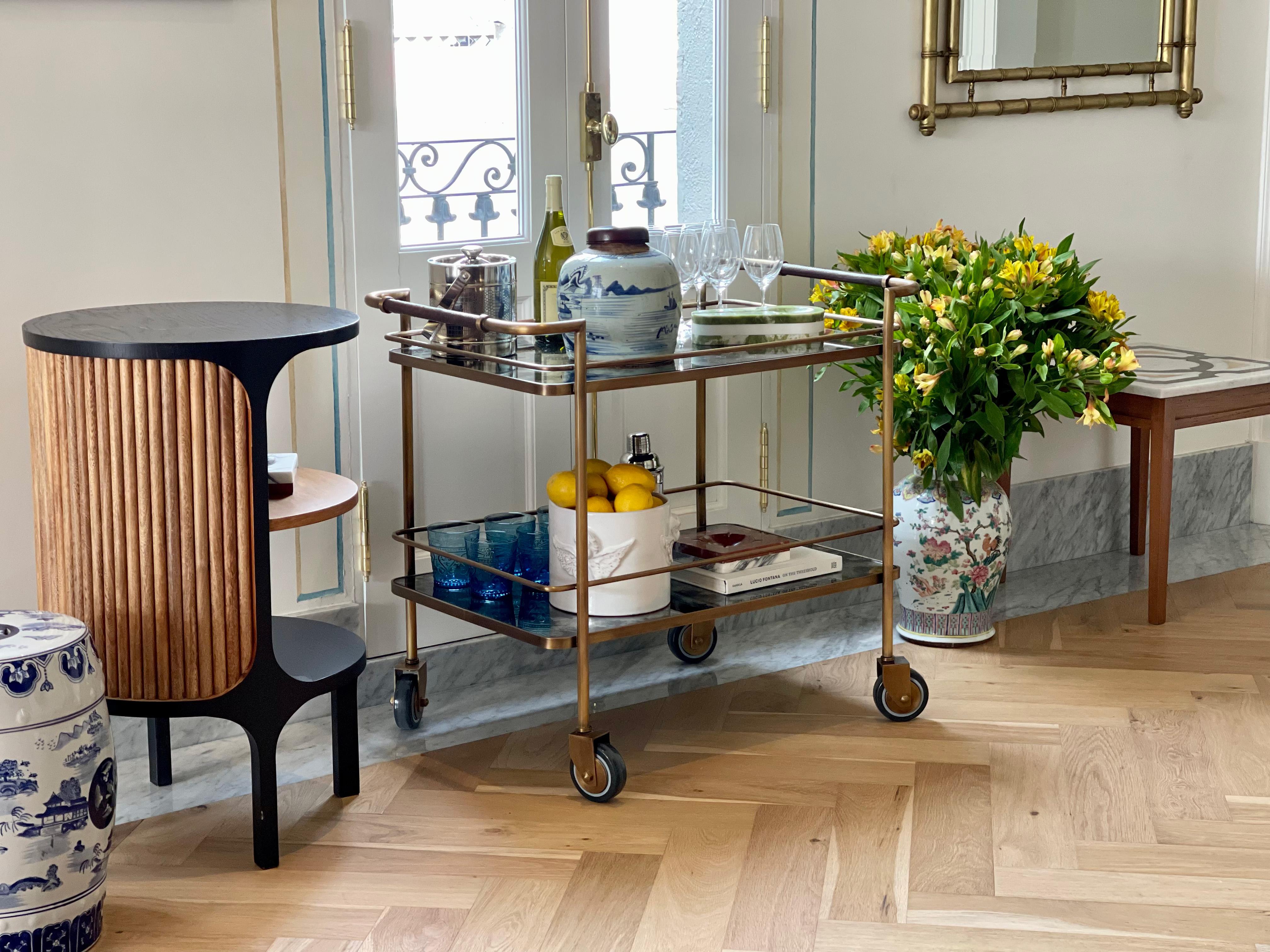 Mexican Brass Bar Cart with Aged Mirror and Leather For Sale