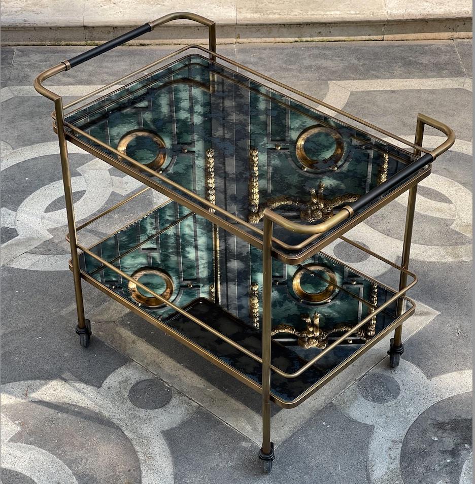 Brass Bar Cart with Aged Mirror and Leather For Sale at 1stDibs