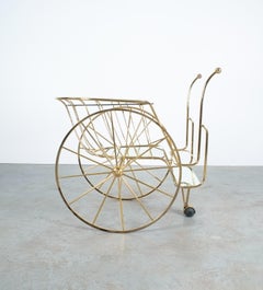 Brass Bar Cart with Big Wheels Glass Mirror Tray, circa 1970