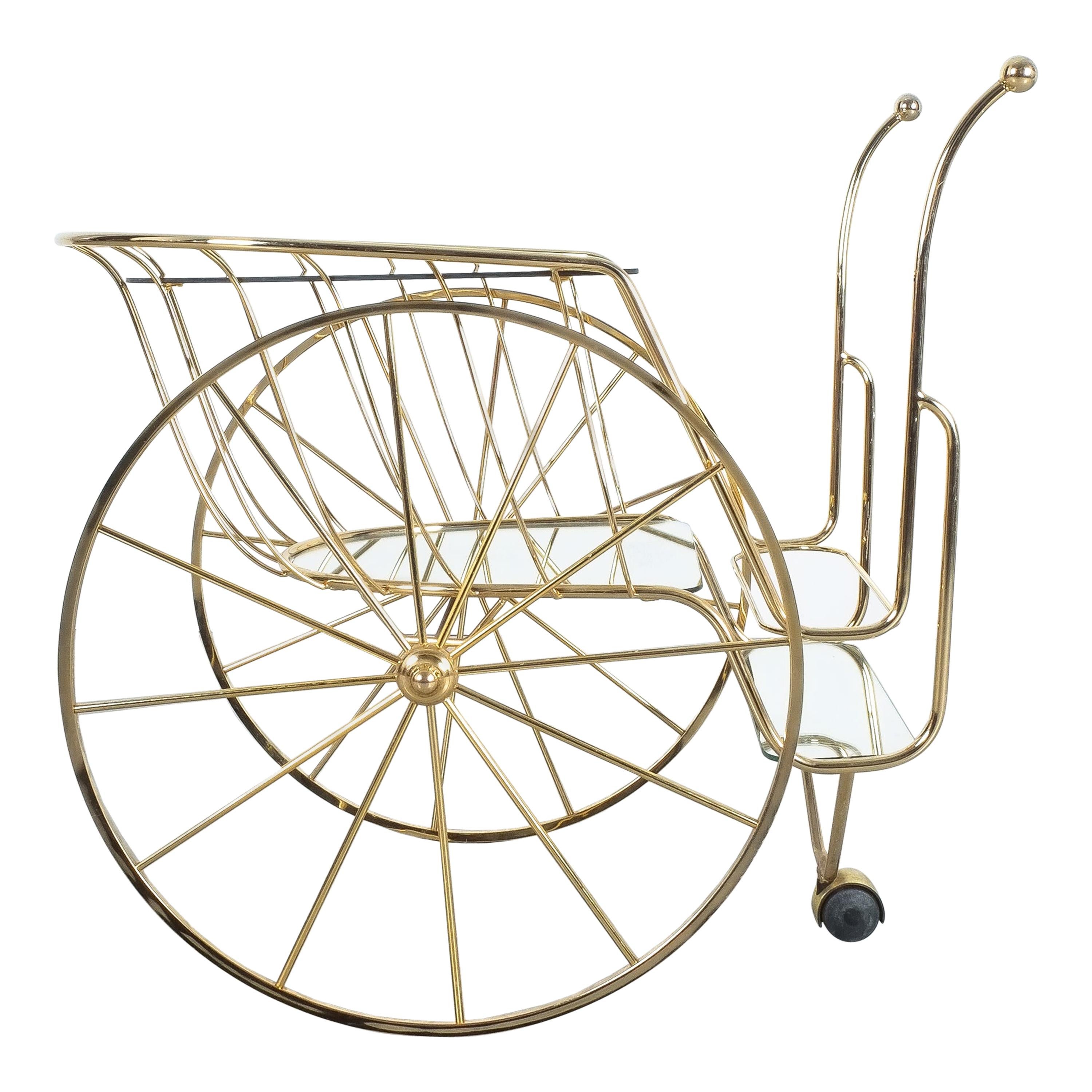 Brass Bar Cart with Big Wheels Glass Mirror Tray, circa 1970