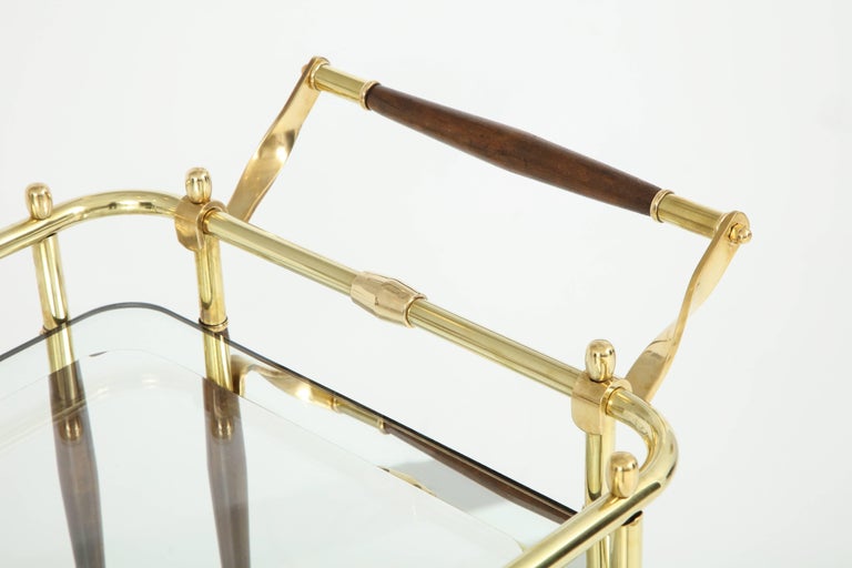 Polished Bar Cart, Mid-Century Modern, Brass with Dark Wood Details, C 1950, American Bar For Sale