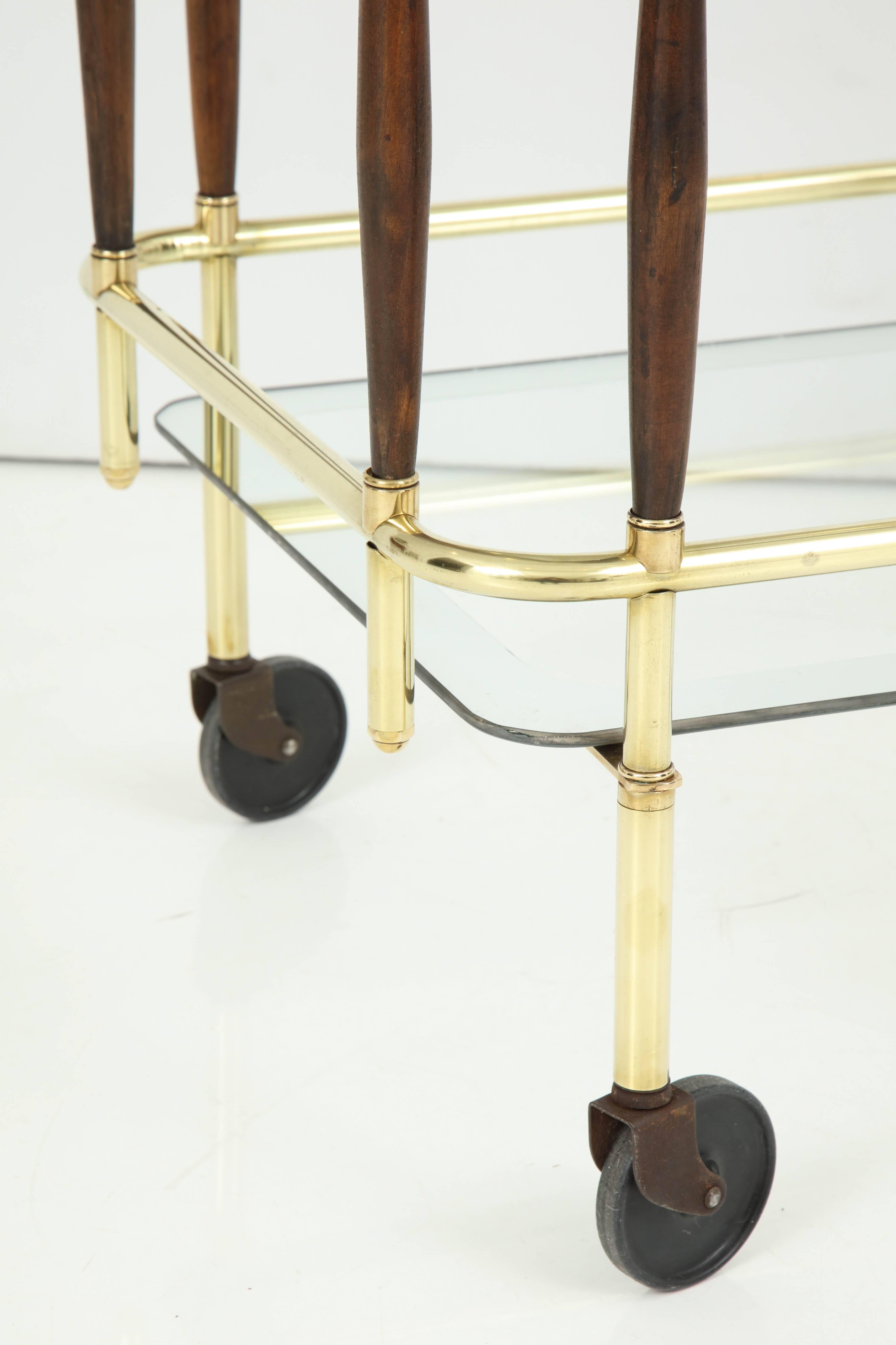 Polished Bar Cart, Mid-Century Modern, Brass with Dark Wood Details, American Bar, C 1950 For Sale