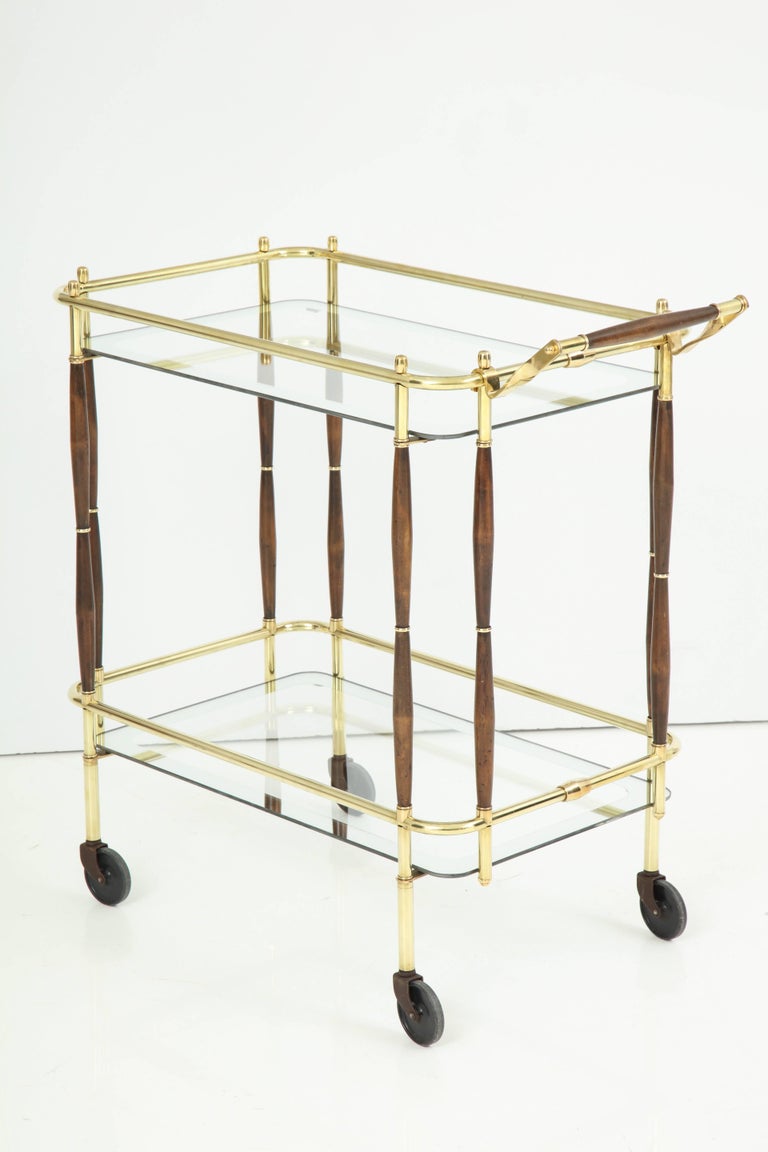 Mid-20th Century Bar Cart, Mid-Century Modern, Brass with Dark Wood Details, C 1950 For Sale