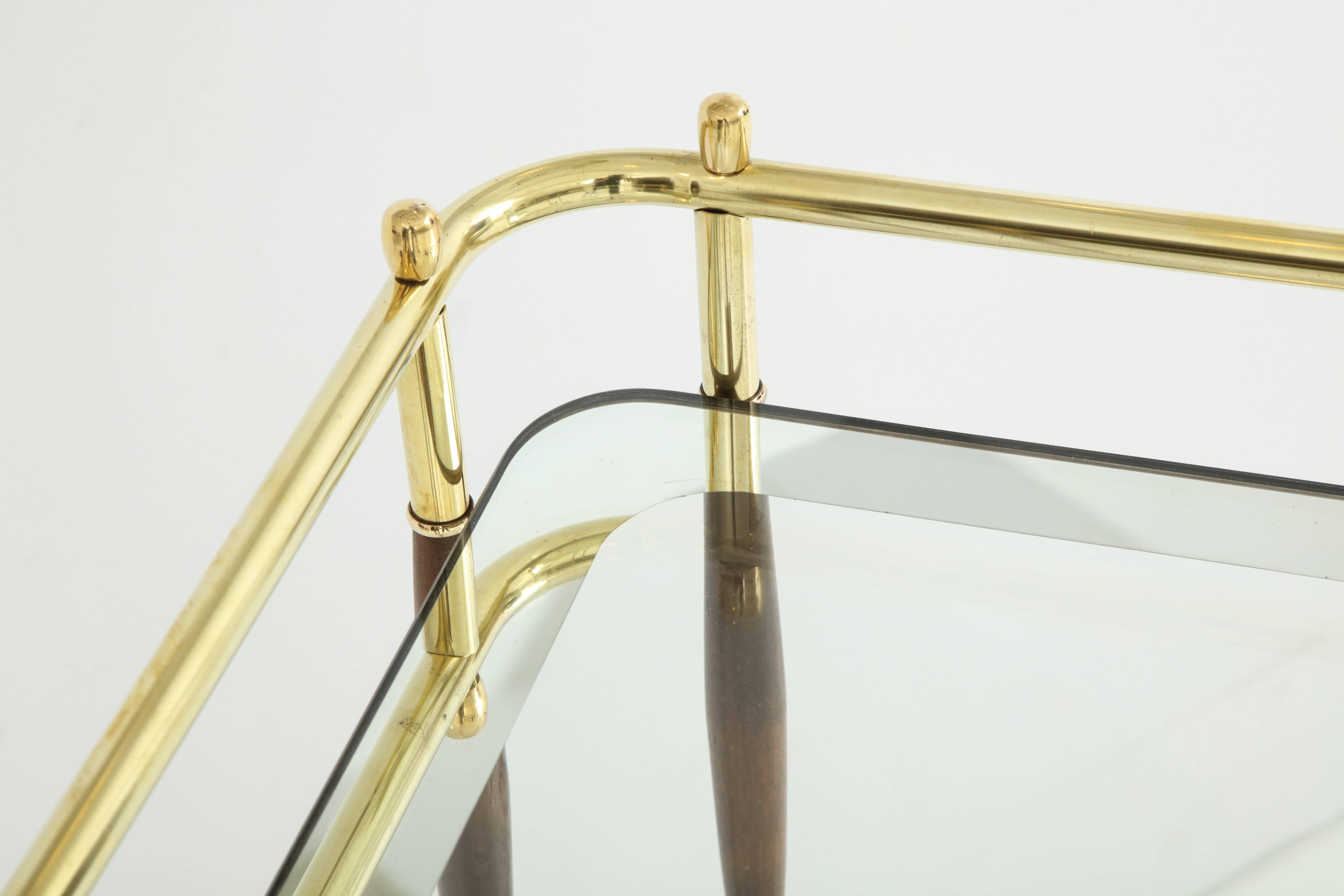 Bar Cart, Mid-Century Modern, Brass with Dark Wood Details, American Bar, C 1950 For Sale 1