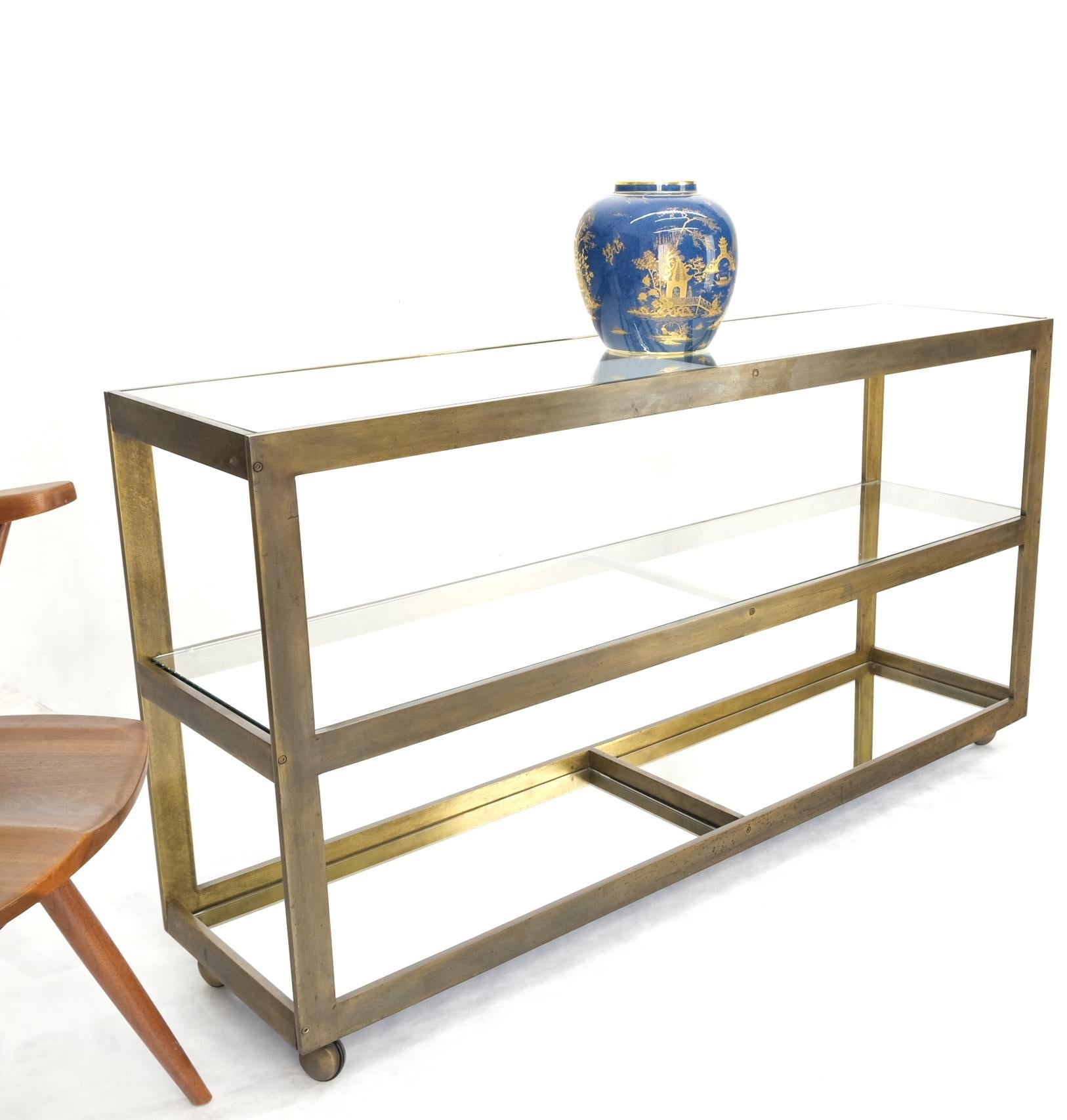 Brass Bar Profile Glass Top Long Rectangle Console Sofa Table on Wheels 2