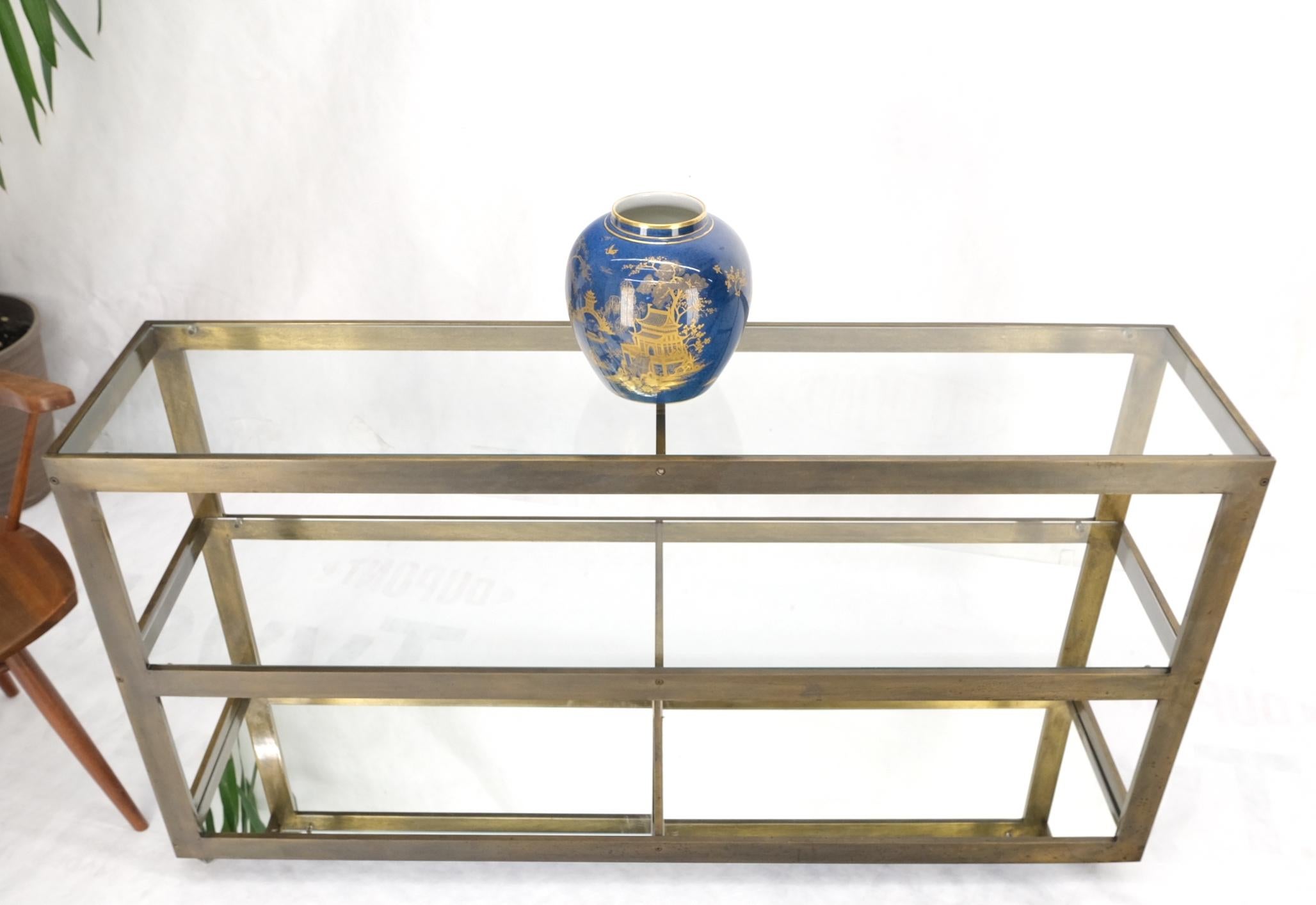 Brass Bar Profile Glass Top Long Rectangle Console Sofa Table on Wheels 4