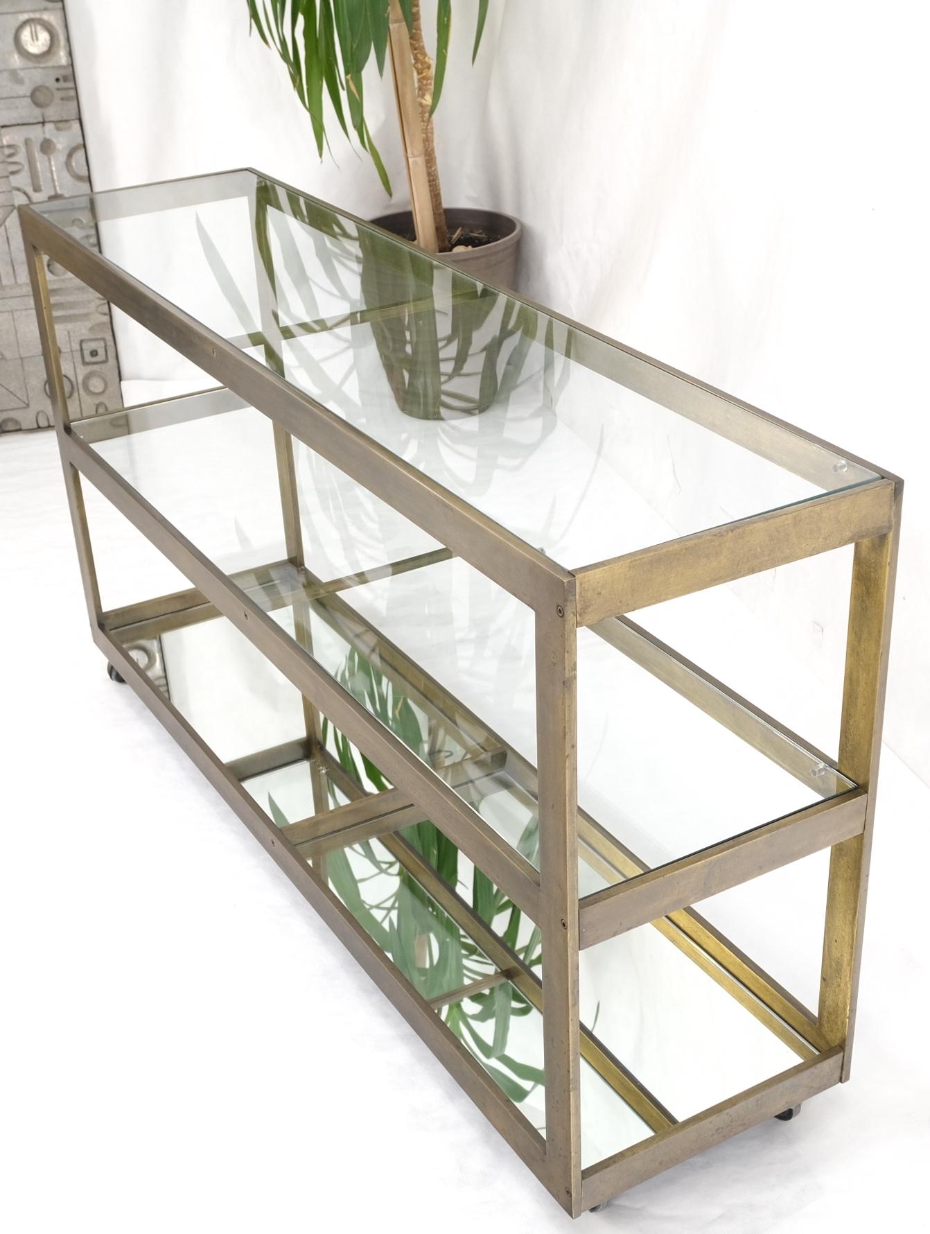 20th Century Brass Bar Profile Glass Top Long Rectangle Console Sofa Table on Wheels