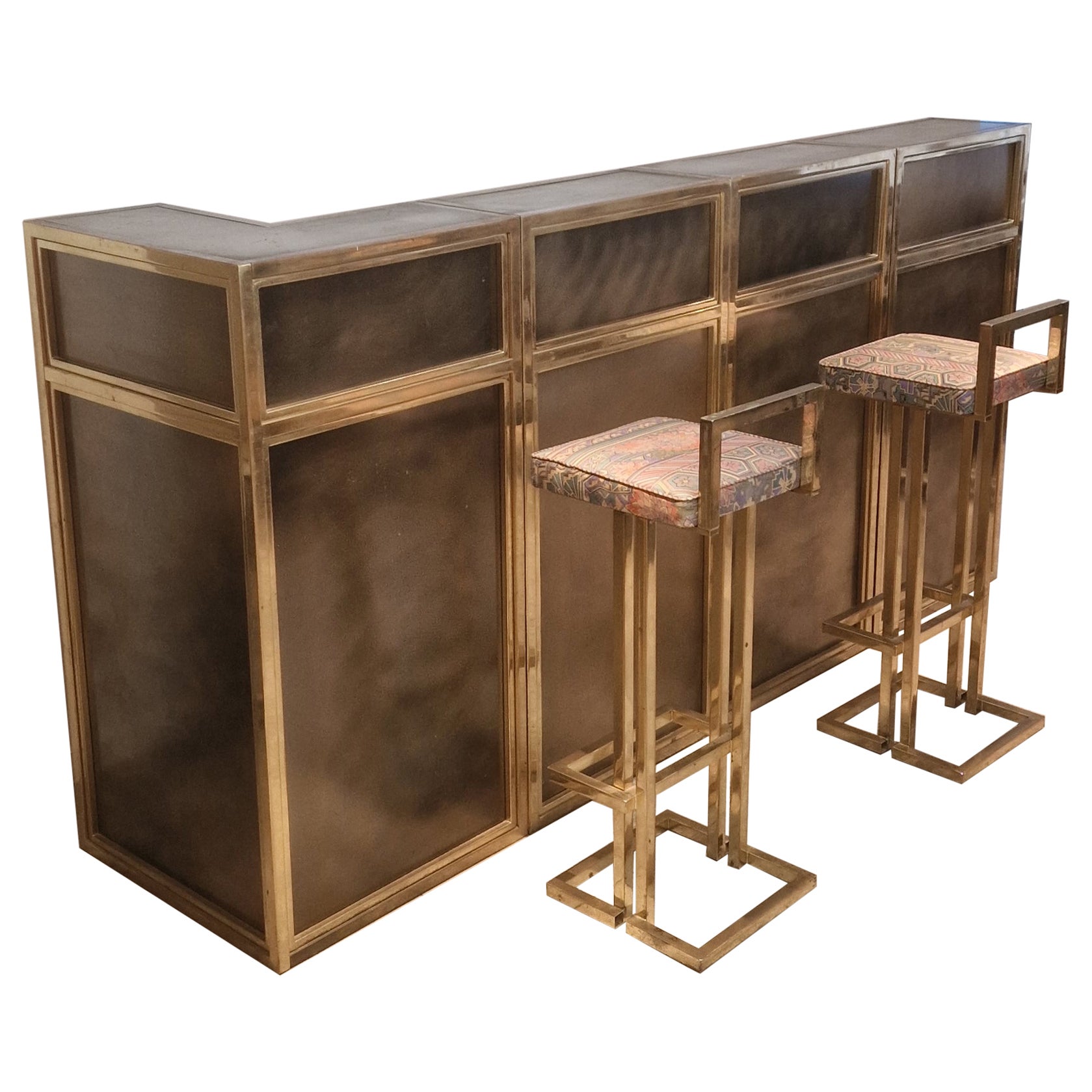 Brass Bar with Two Barstools, Maison Jansen France 1970s