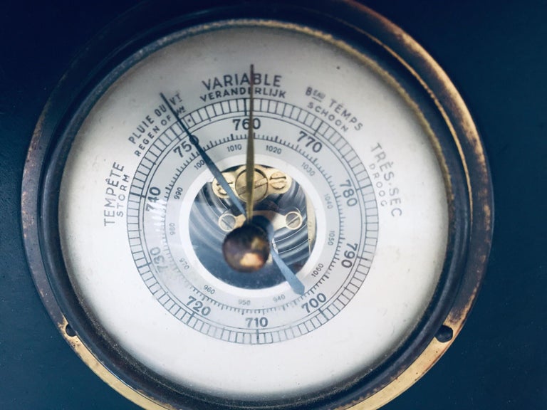 Brass Barometer with Readings in French Wrapped in Black Leather,