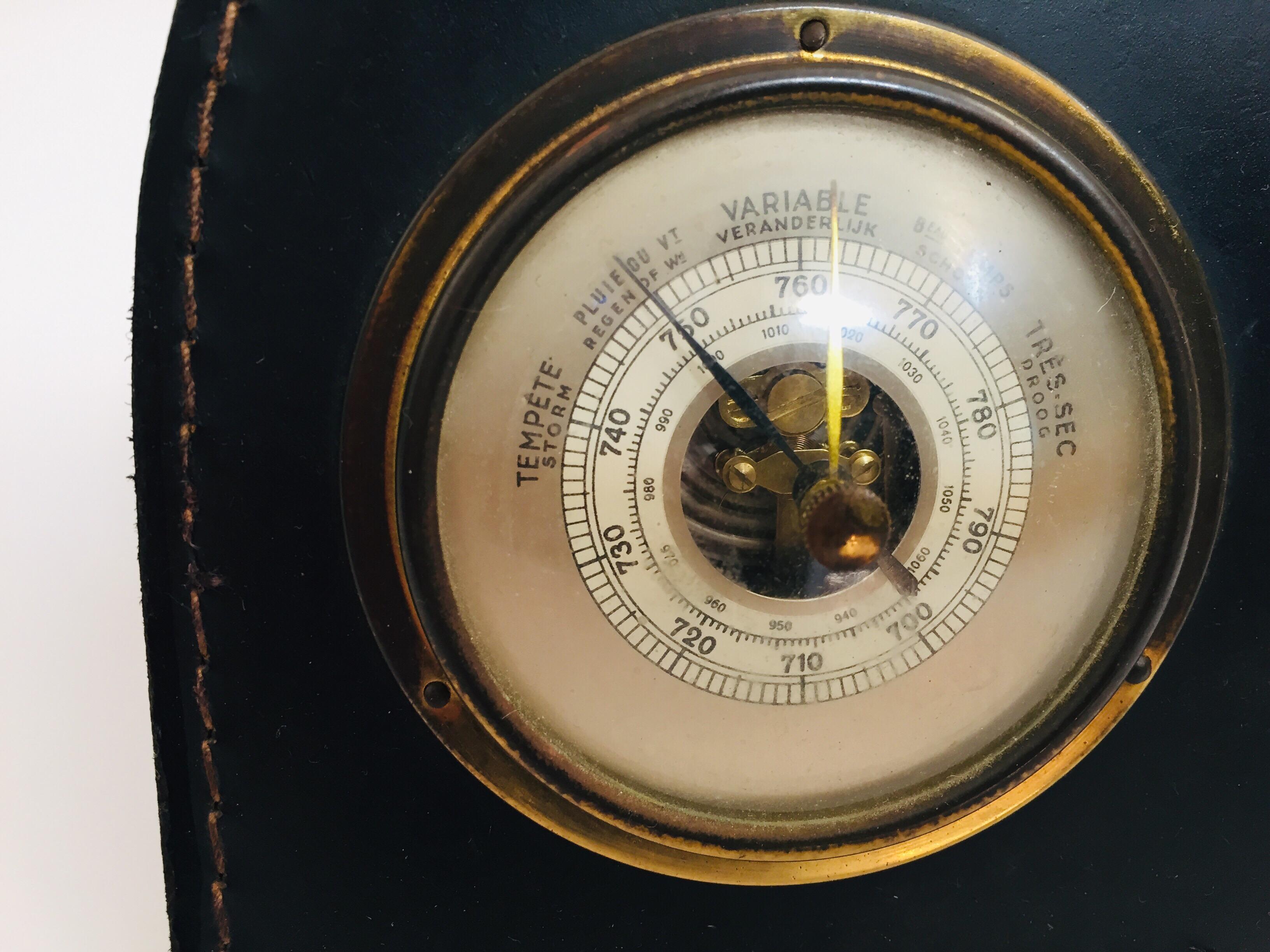 Bauhaus Brass Barometer with Readings in French Wrapped in Black Leather, Adnet Style