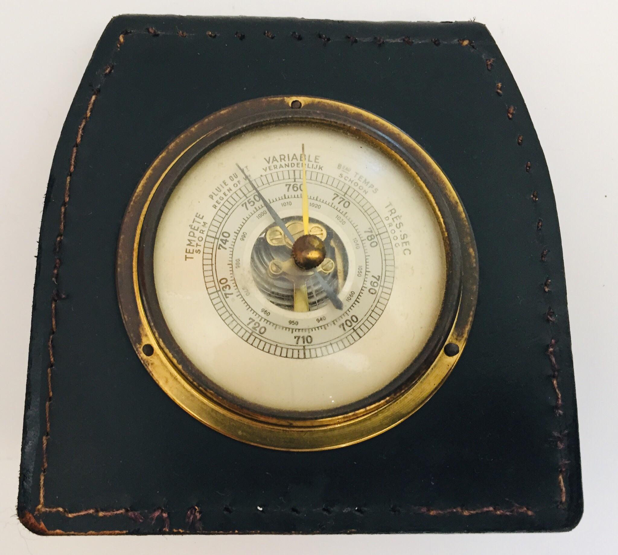 Brass Barometer with Readings in French Wrapped in Black Leather, Adnet Style 2