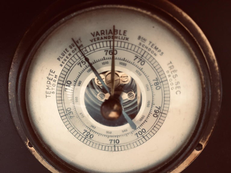 Brass Barometer with Readings in French Wrapped in Black Leather,