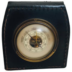 Brass Barometer with Readings in French Wrapped in Black Leather, Adnet Style