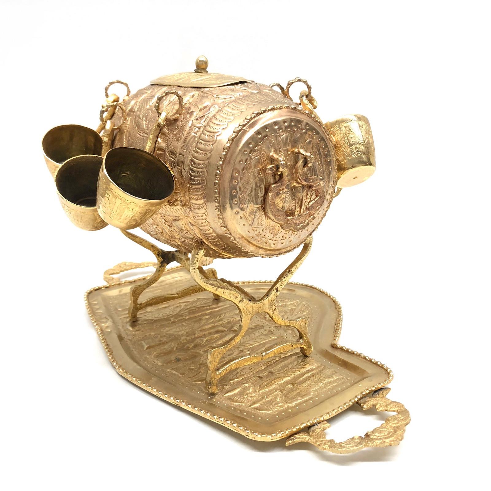 Hollywood Regency Brass Barrel on Stand, Serving Tray Beverage Drink Cup Set Vintage