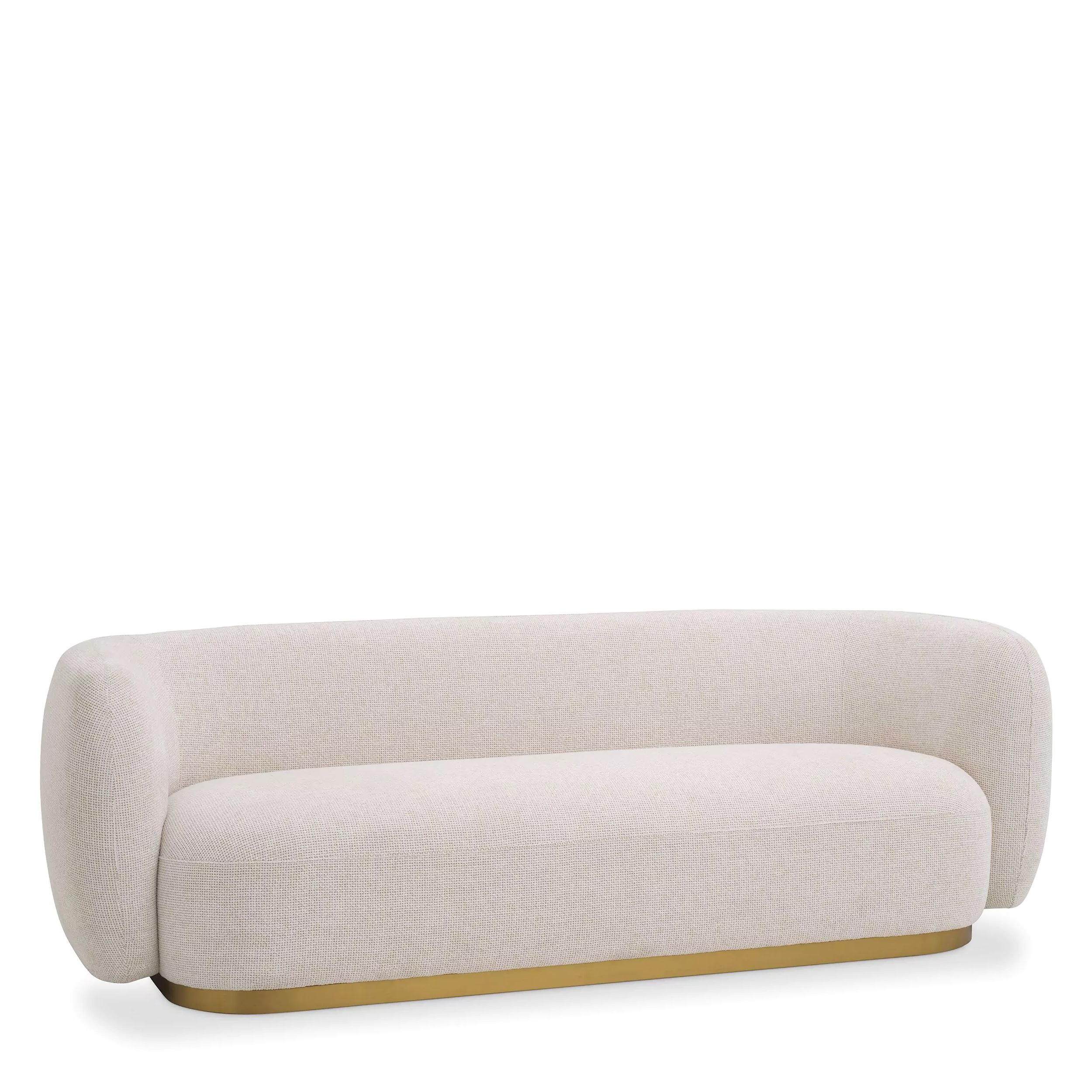 Art Deco Brass Base and Beige Fabric Curved and Rounded Sofa For Sale