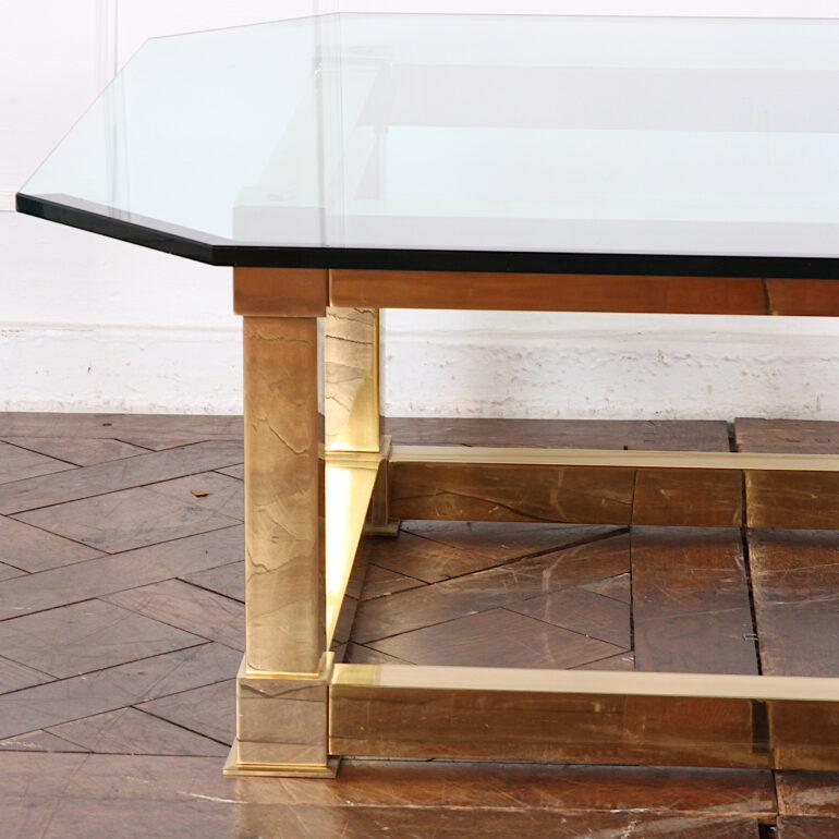 Beveled Brass Base Glass-Top Coffee Table For Sale