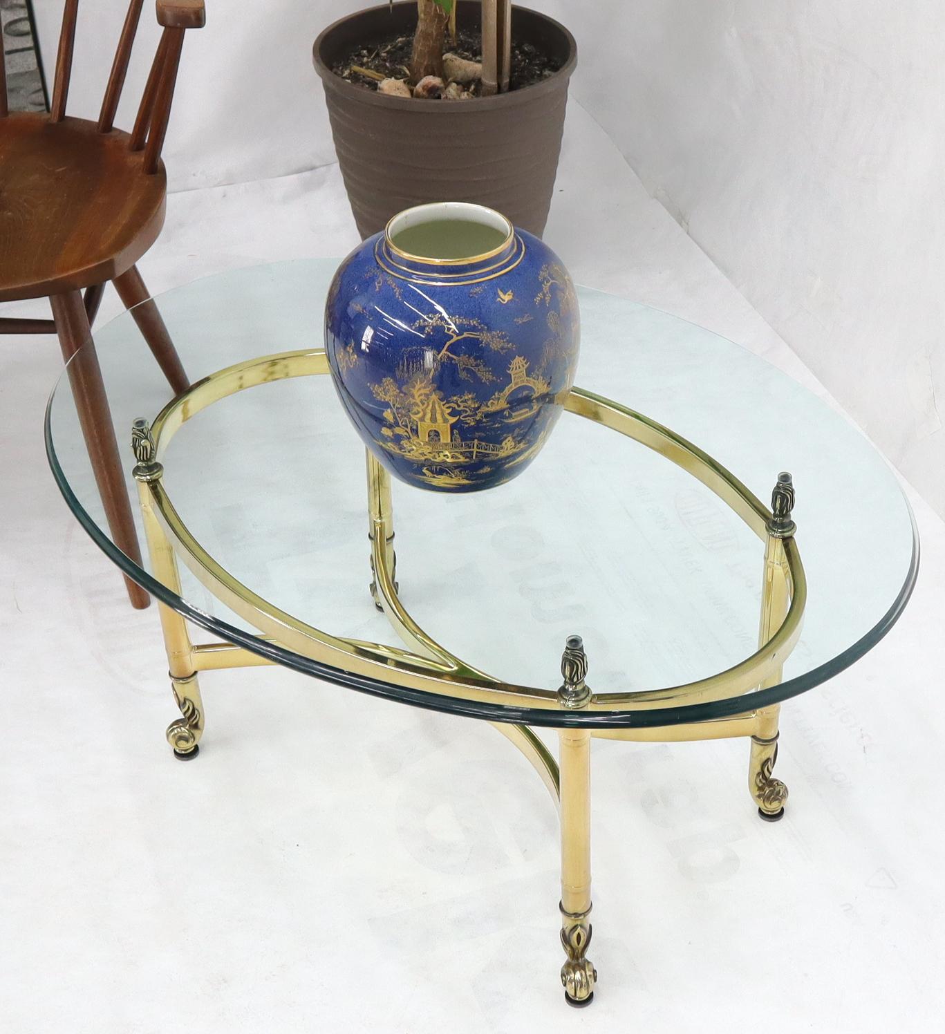 Mid-Century Modern Brass Base Glass Top Oval Coffee Table