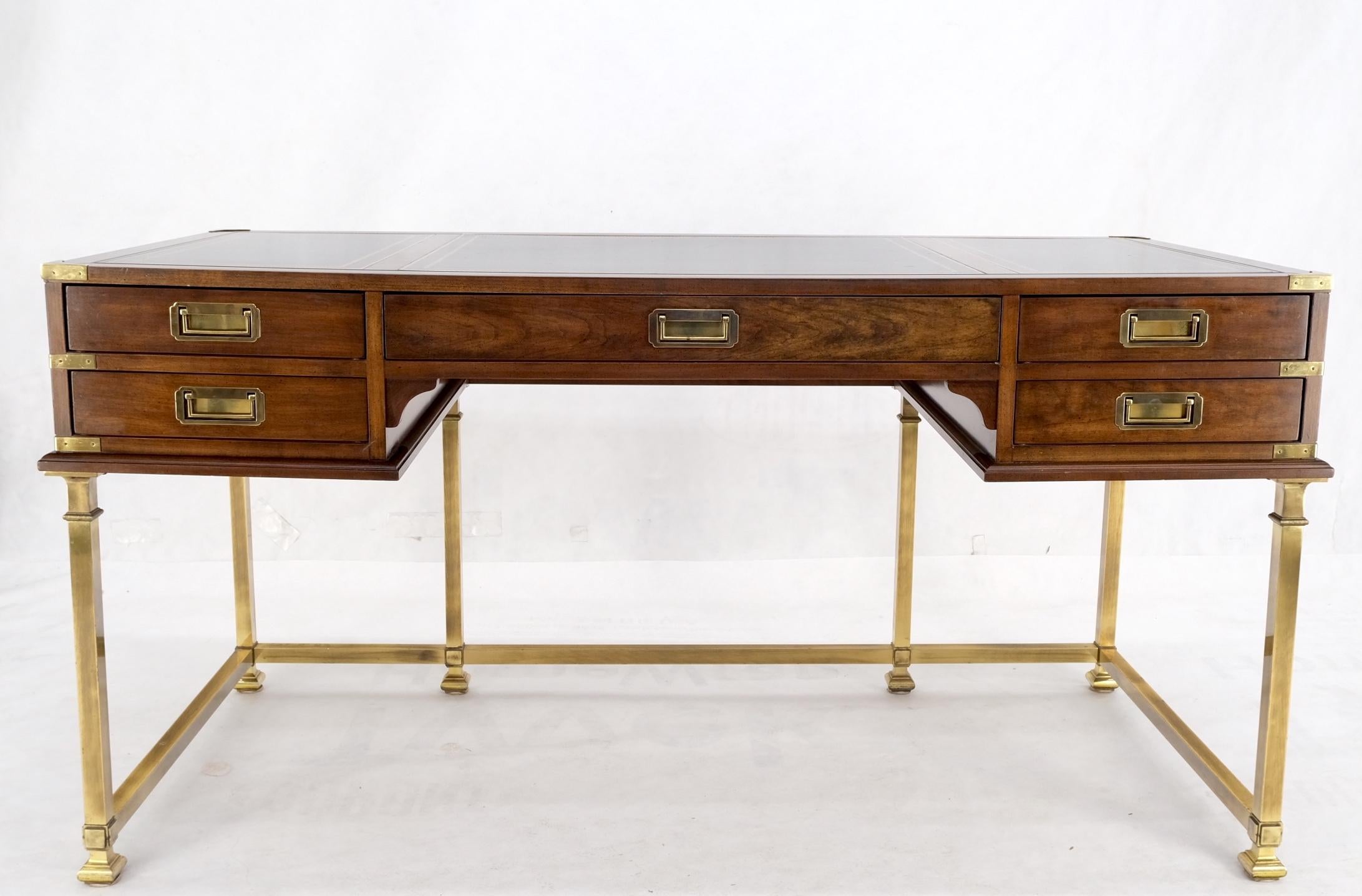 Brass Base Leather Tooled Top Campaign Style Desk by Slight Mint 13