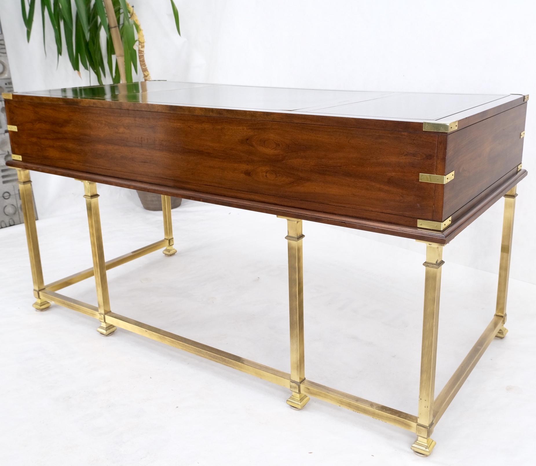 Mid-Century Modern Brass Base Leather Tooled Top Campaign Style Desk by Slight Mint
