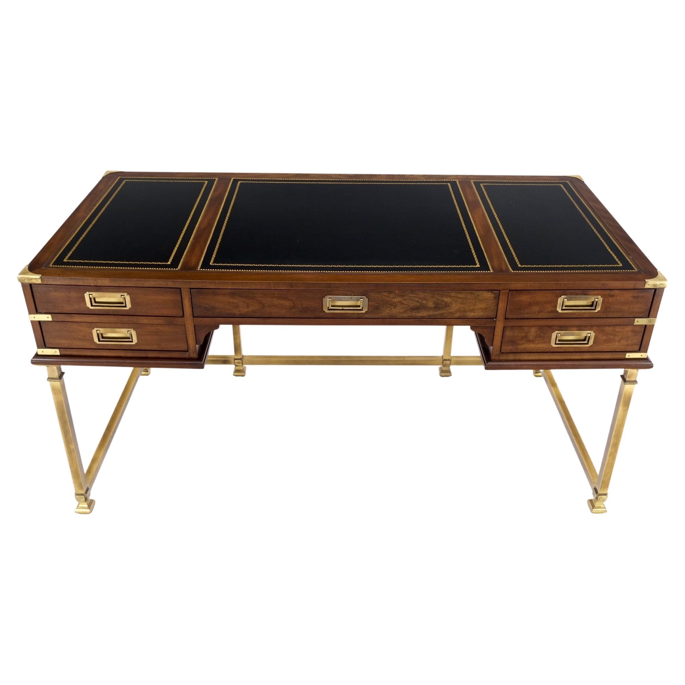 Brass Base Leather Tooled Top Campaign Style Desk by Slight Mint