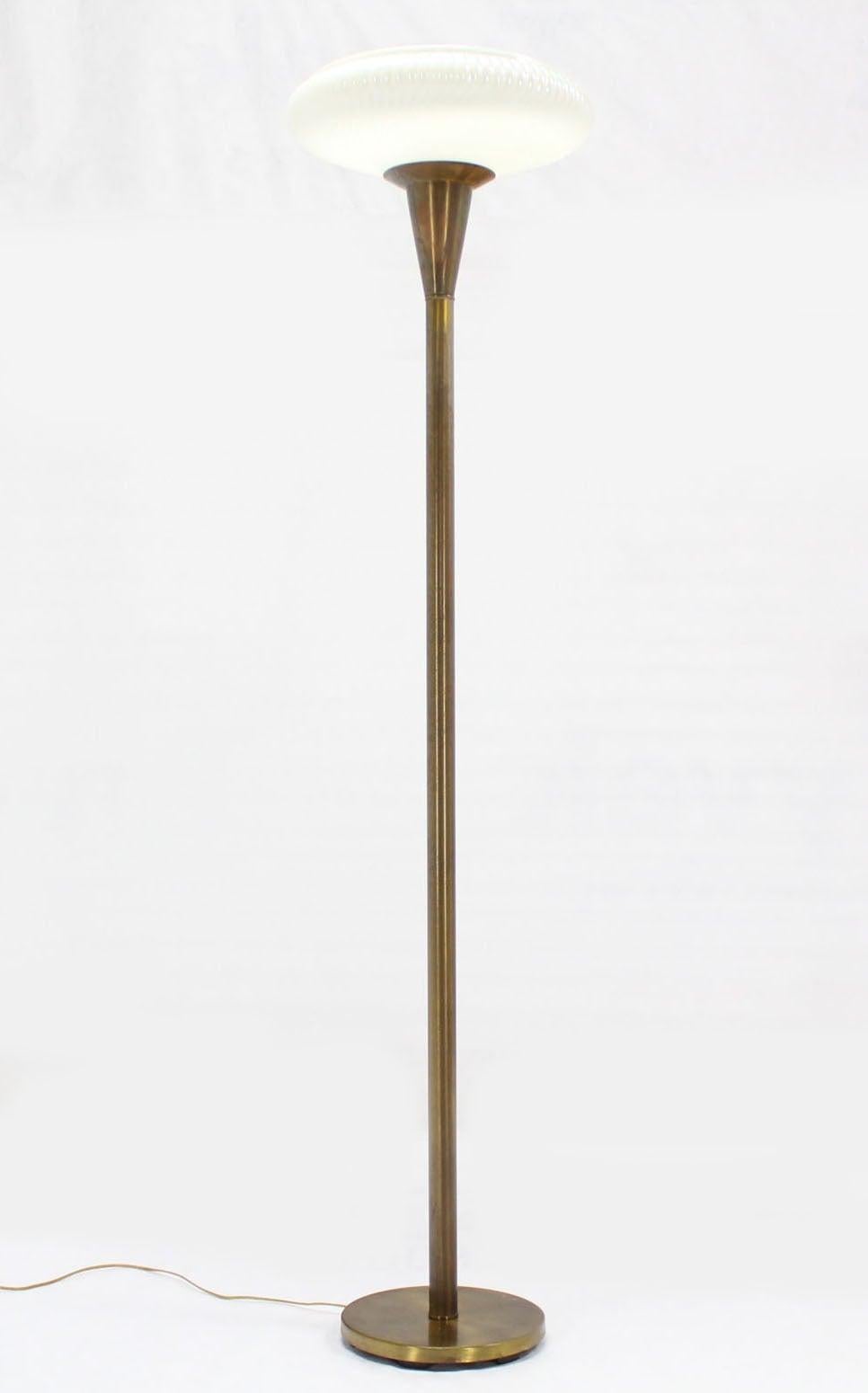 20th Century Brass Base with Iridescent Shell Scallop Edge Shade Floor Lamp Torchere MINT! For Sale