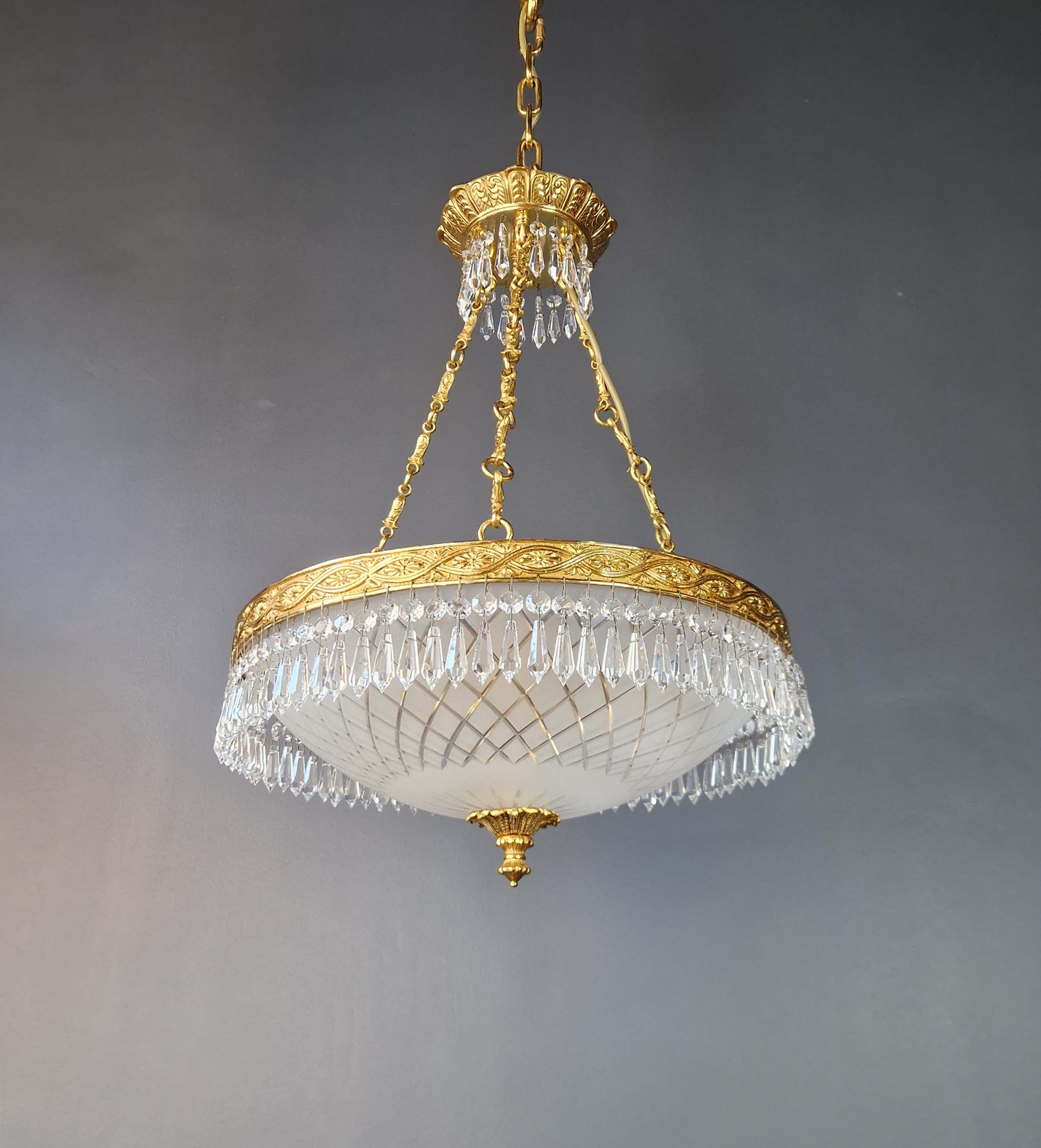 Art Nouveau Brass Basket Classical Chandelier Crystal Lustre Lamp Antique Gold For Sale