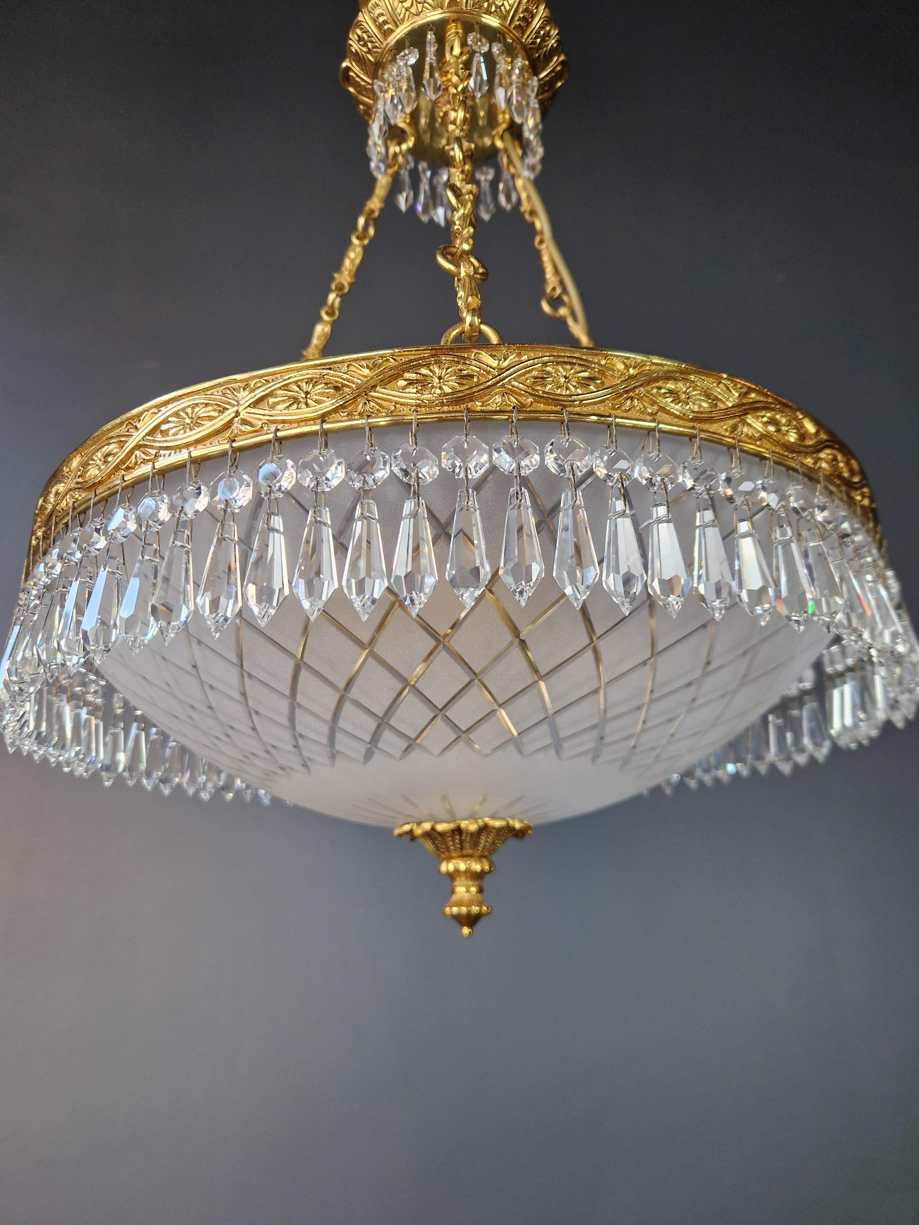 German Brass Basket Classical Chandelier Crystal Lustre Lamp Antique Gold For Sale