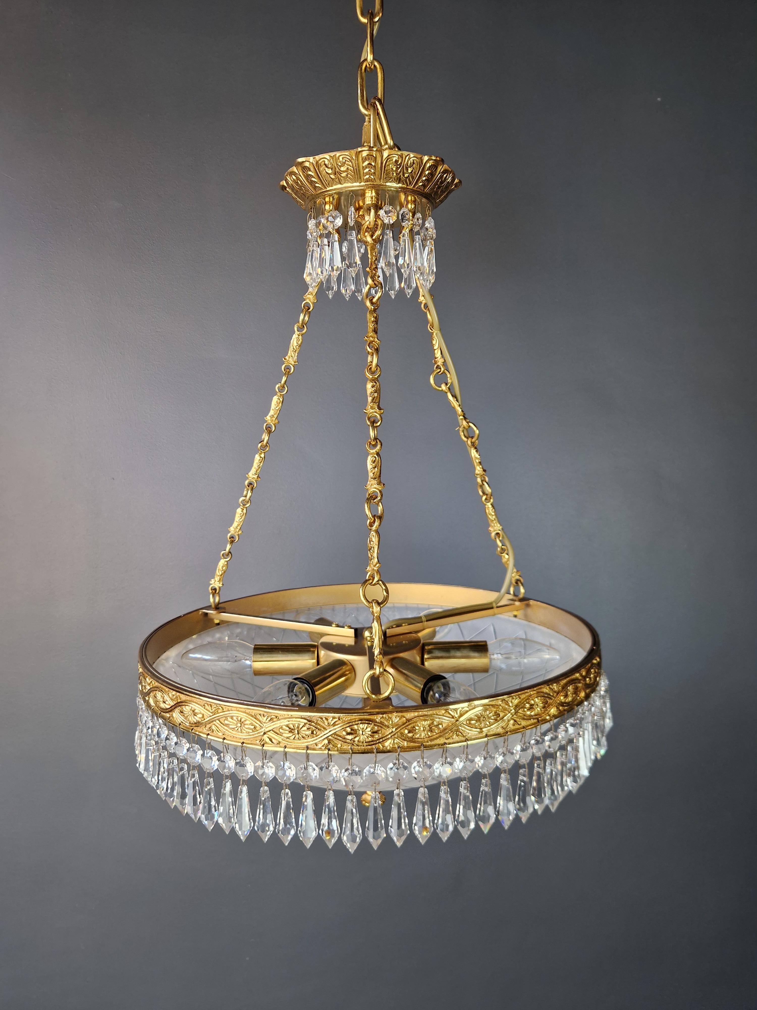 Klassische Kronleuchter-Kronleuchter-Kristall-Lüster-Lampe, Messing, Korb, antik, Gold (Handgeknüpft) im Angebot