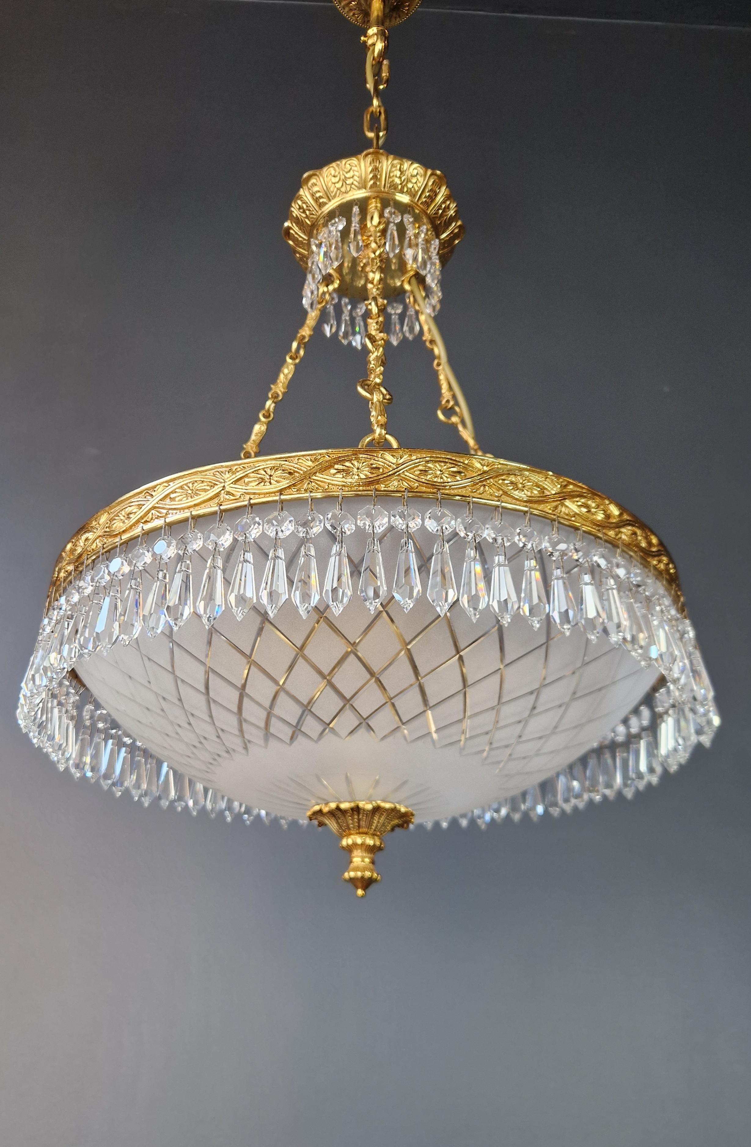Milk Glass Brass Basket Classical Chandelier Crystal Lustre Lamp Antique Gold For Sale