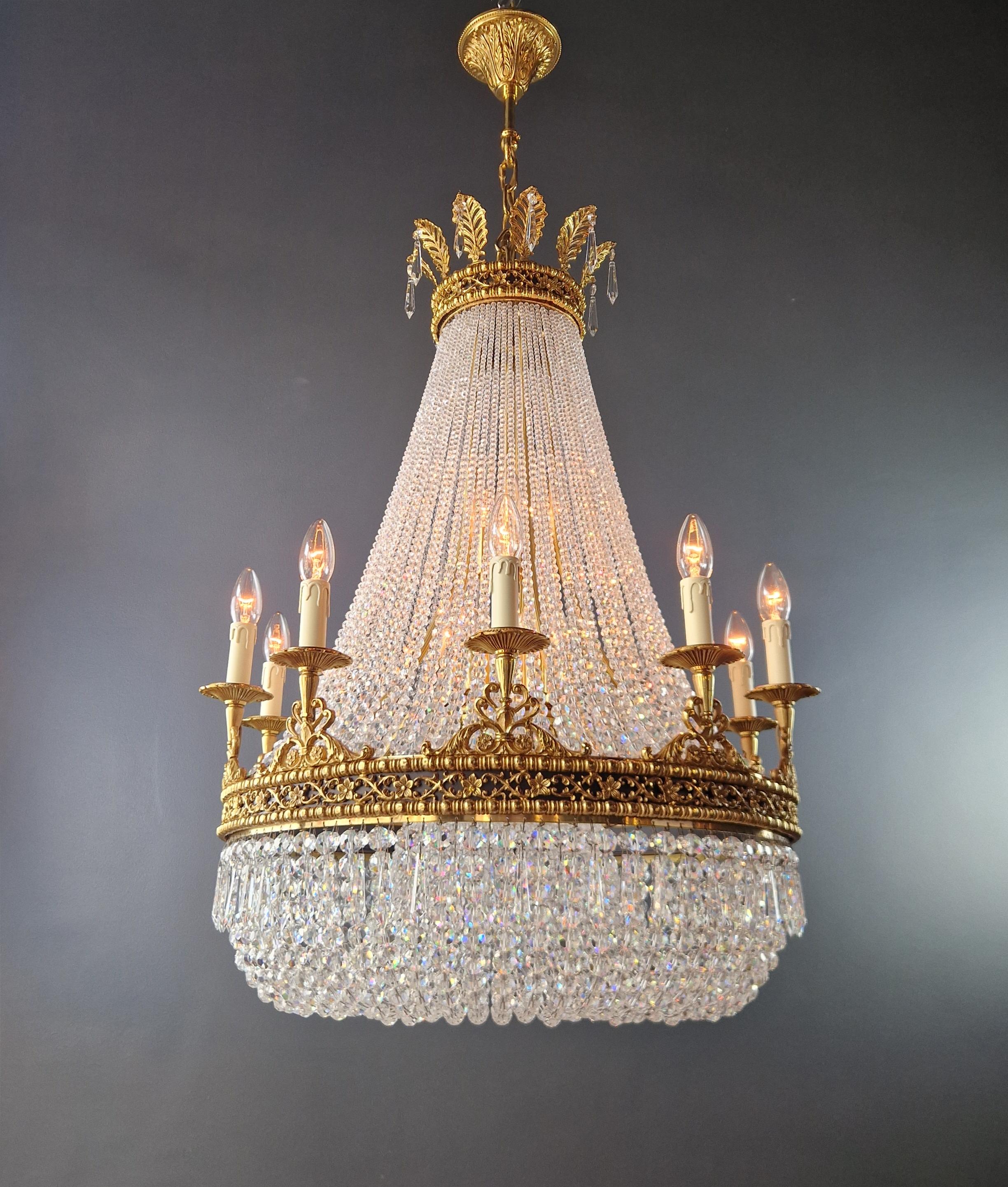 European Brass Basket Empire Sac a Pearl Chandelier Beaded Crystal Lustre Lamp Antique For Sale