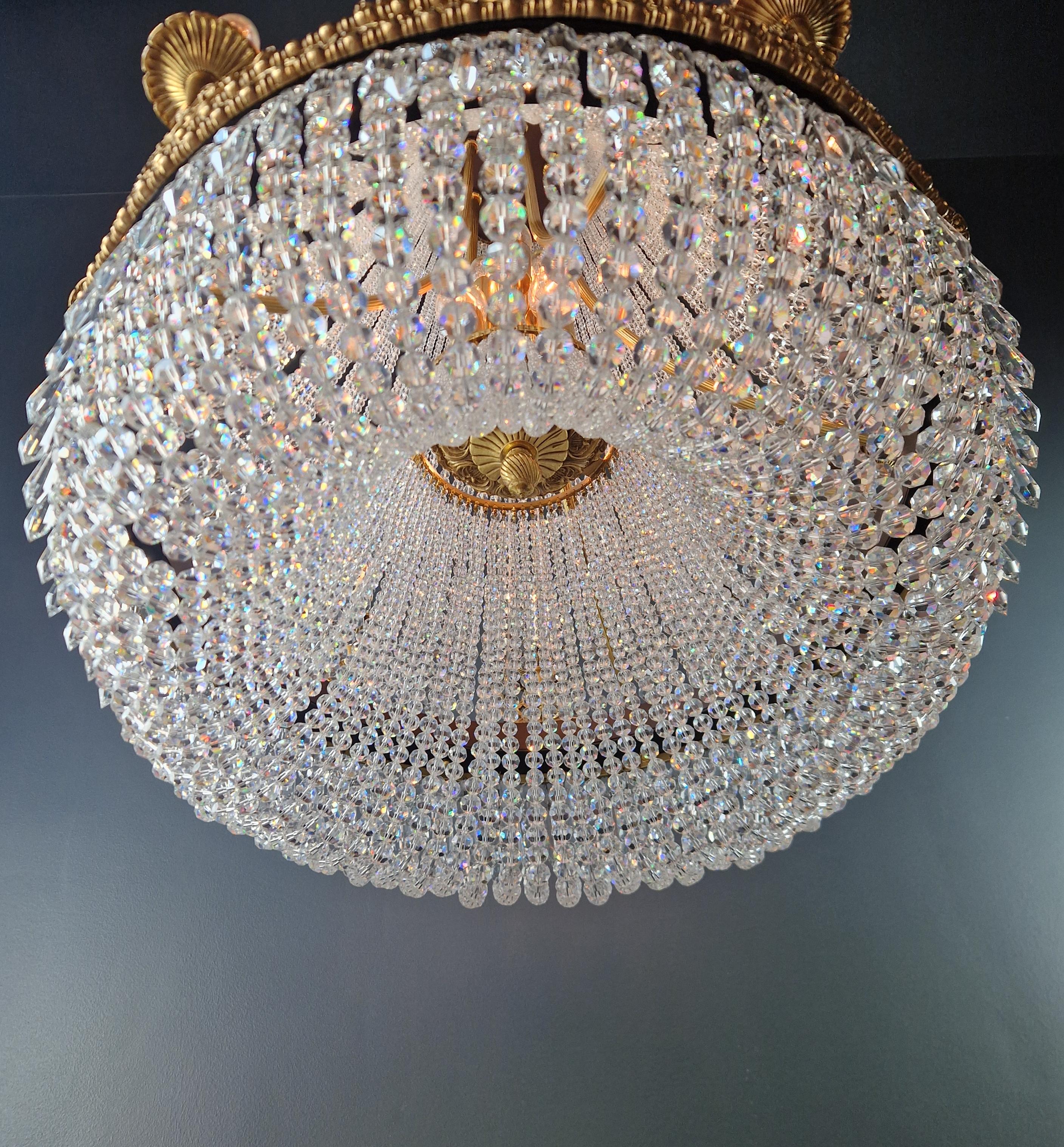 Brass Basket Empire Sac a Pearl Chandelier Beaded Crystal Lustre Lamp Antique In New Condition For Sale In Berlin, DE