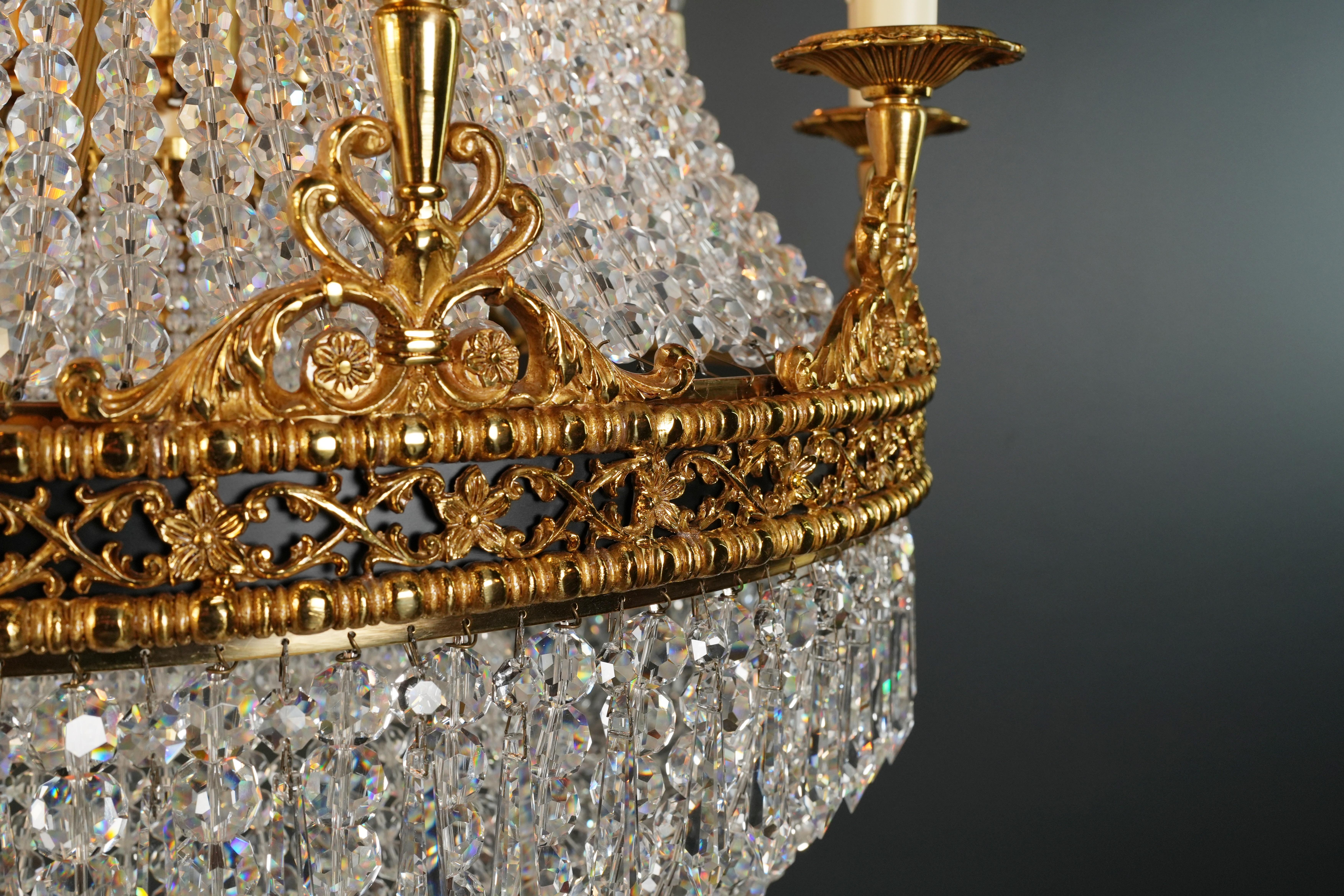 Messing Korb Empire Sac a Perle Kronleuchter Perlen Kristall Lüster Lampe Antike im Angebot 1