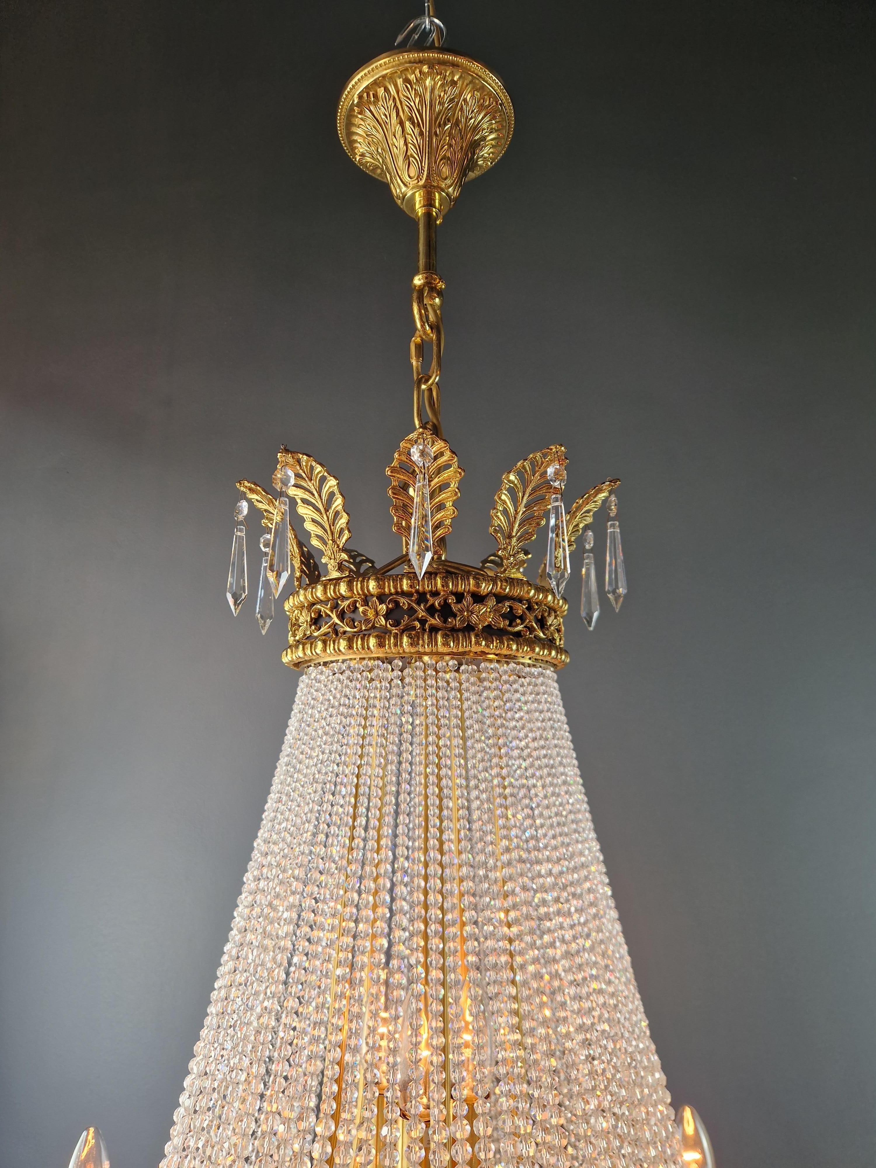 Brass Basket Empire Sac a Pearl Chandelier Beaded Crystal Lustre Lamp Antique For Sale 5