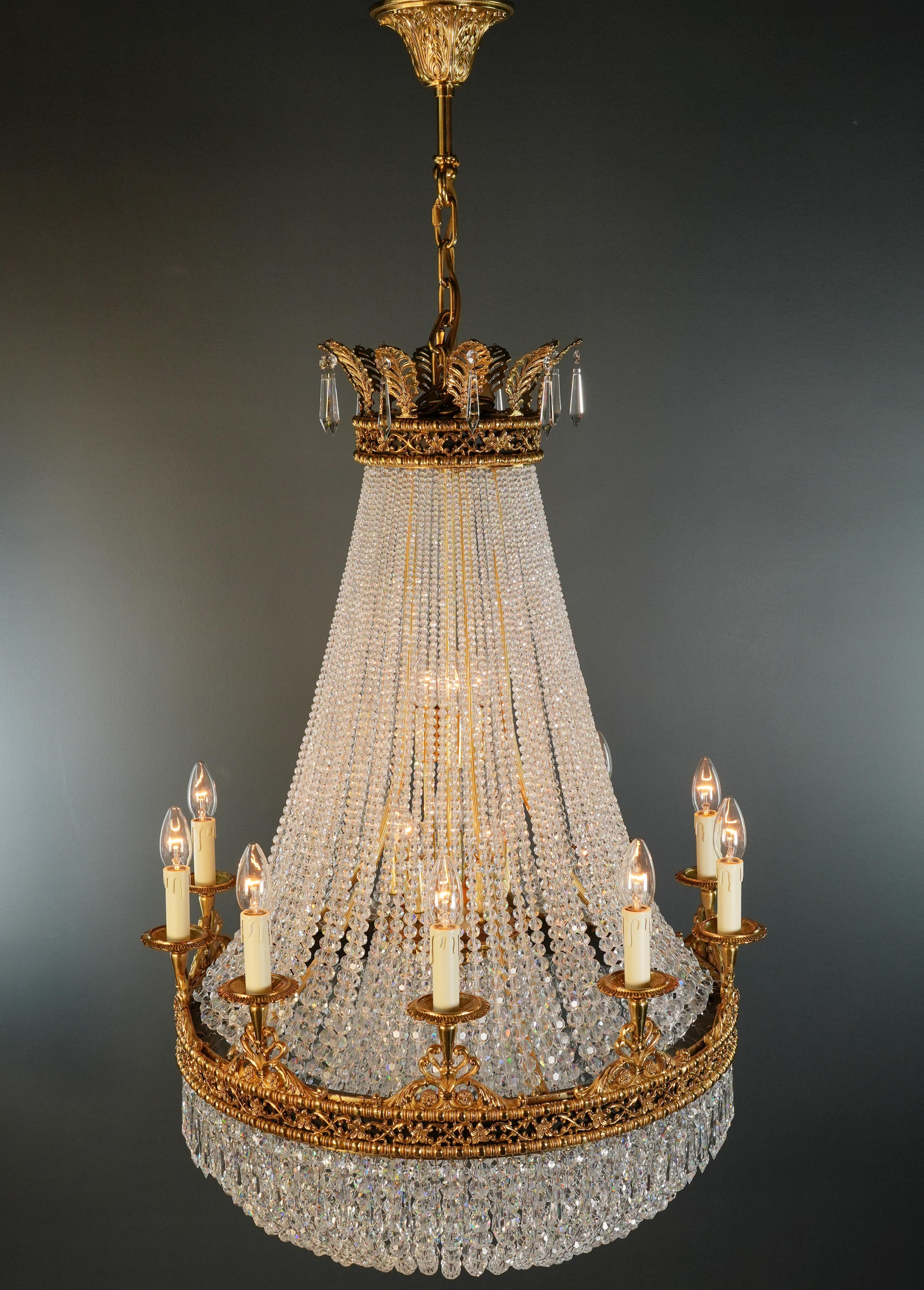 Brass Basket Empire Sac a Pearl Chandelier Beaded Crystal Lustre Lamp Antique For Sale 3