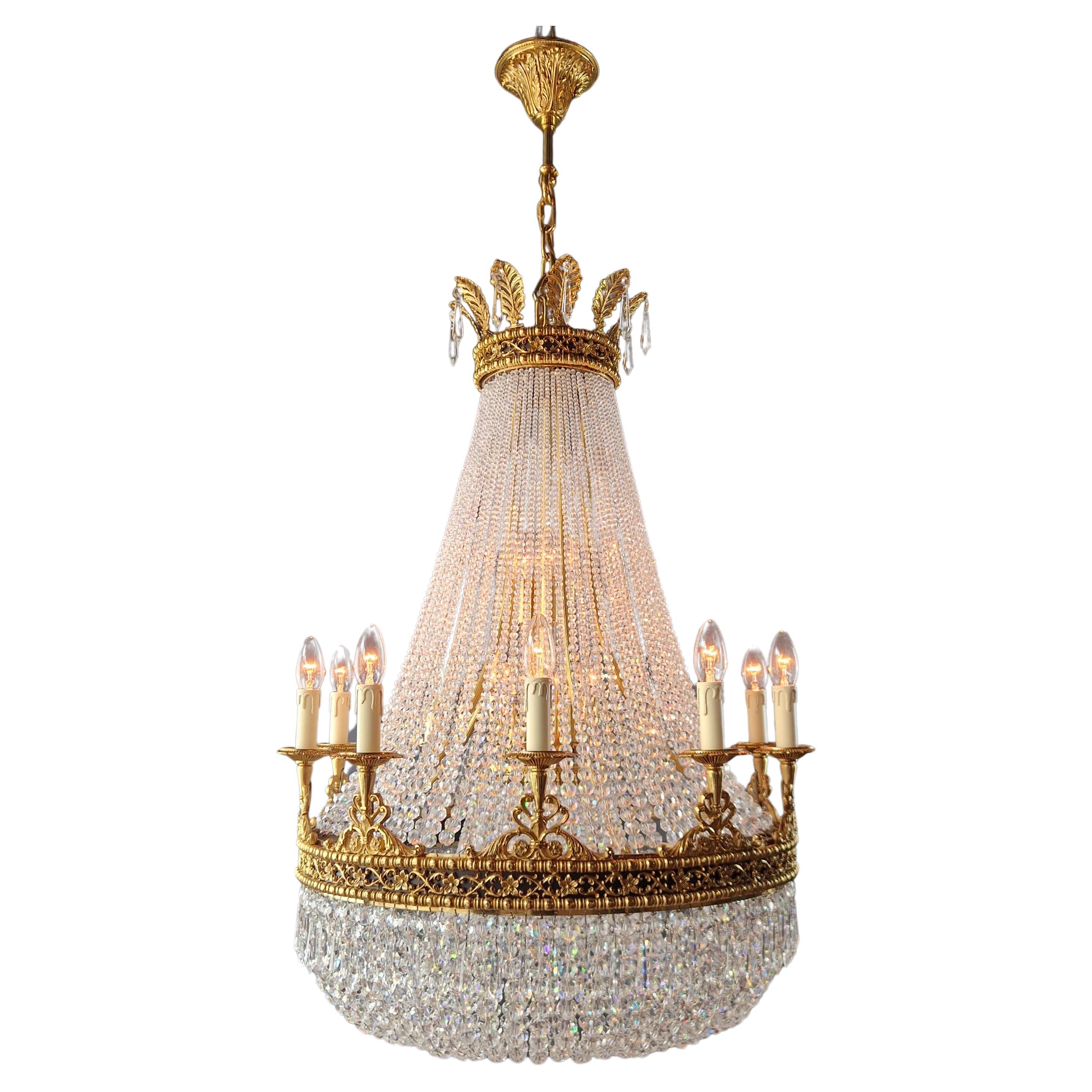 Brass Basket Empire Sac a Pearl Chandelier Beaded Crystal Lustre Lamp Antique For Sale
