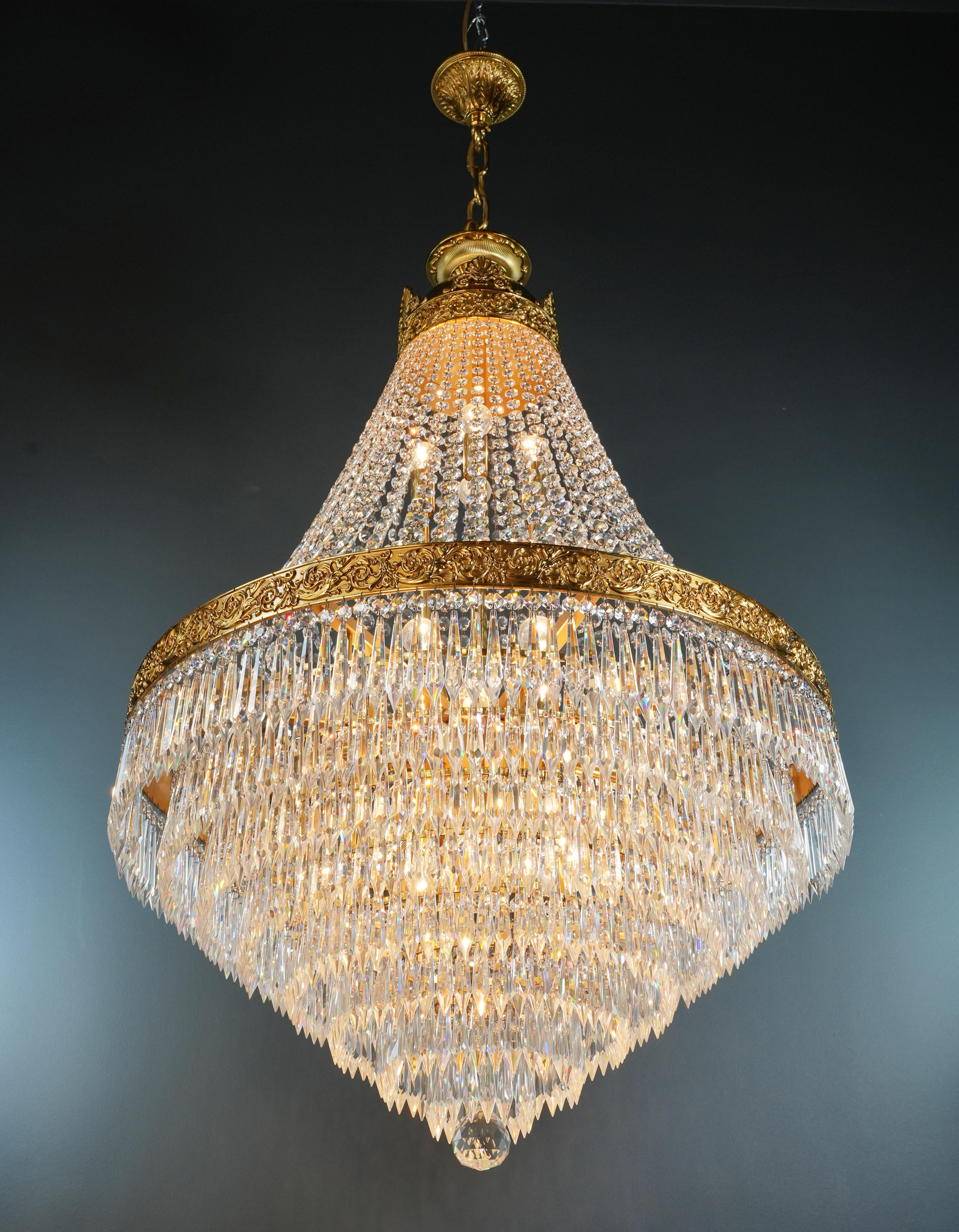 German Brass Basket Empire Sac a Pearl Chandelier Crystal Lustre Lamp Antique Gold 2 For Sale