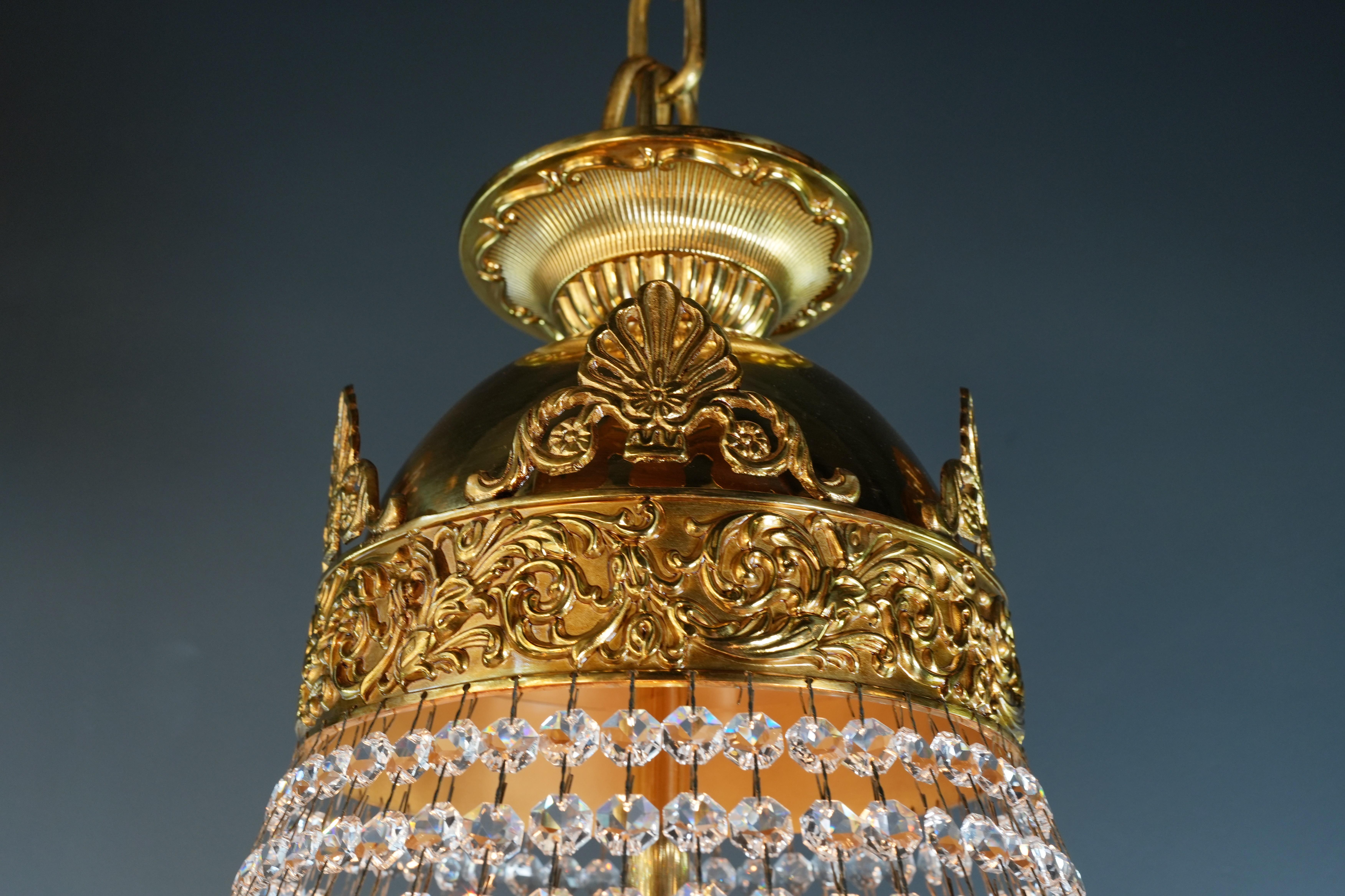 Brass Basket Empire Sac a Pearl Chandelier Crystal Lustre Lamp Antique Gold 2 For Sale 3